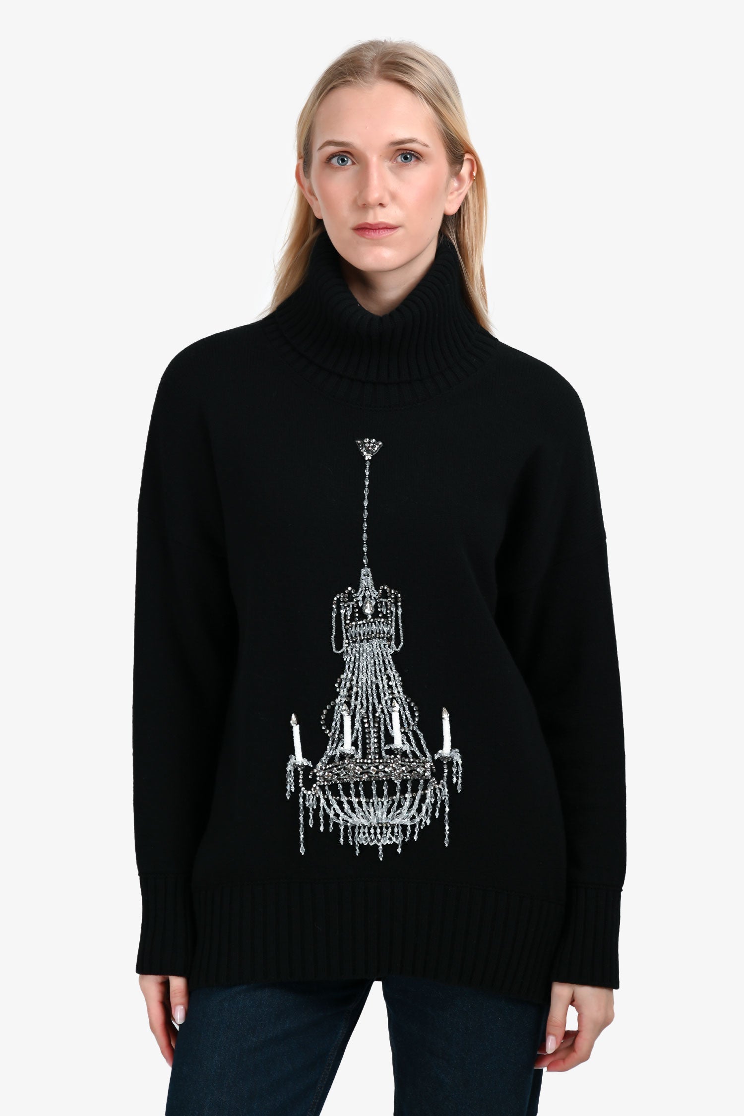 Dolce & Gabbana Black Wool Crystal Embellished Chandelier Turtle Neck Sweater Estimated Size S