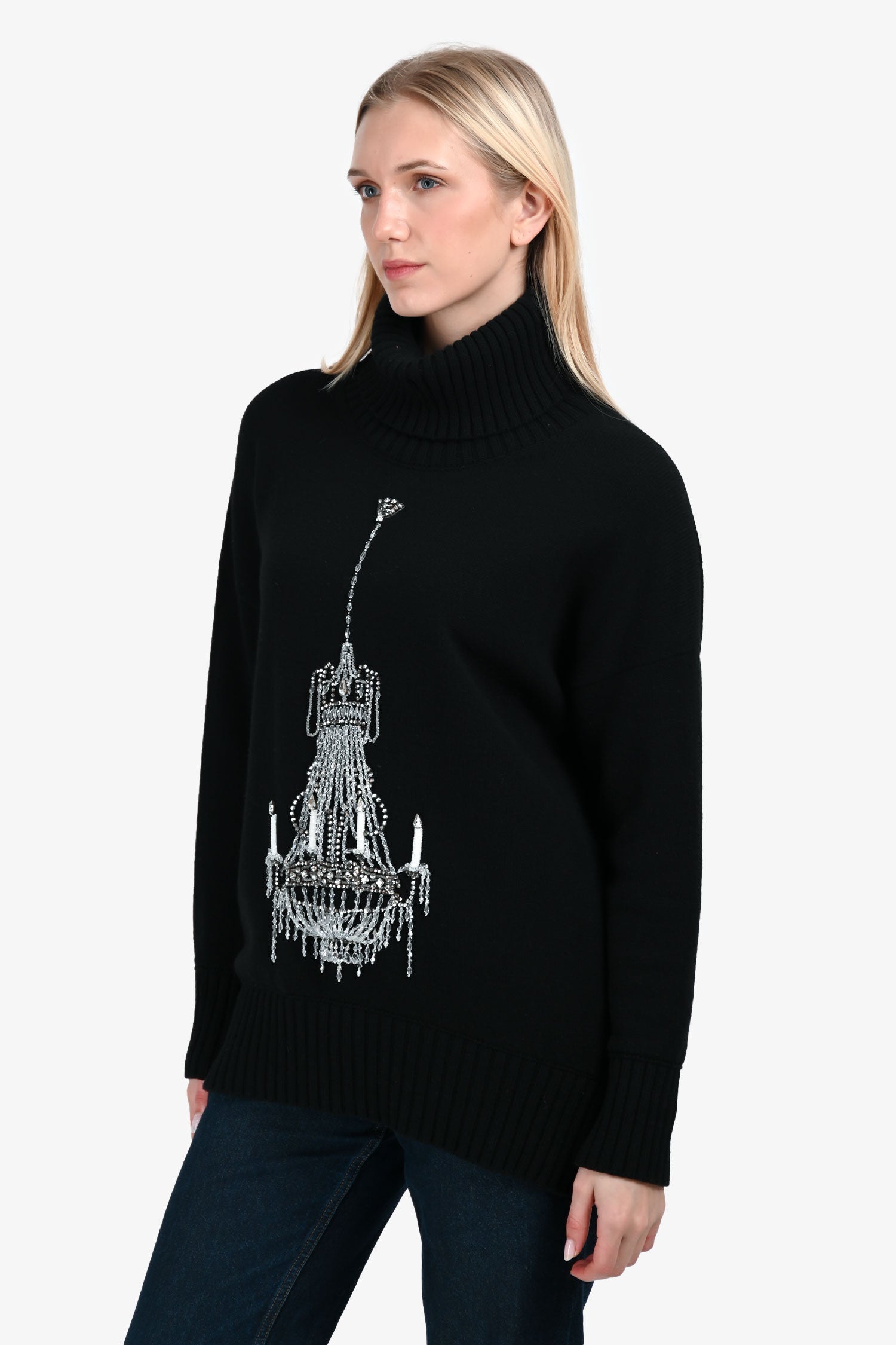 Dolce & Gabbana Black Wool Crystal Embellished Chandelier Turtle Neck Sweater Estimated Size S