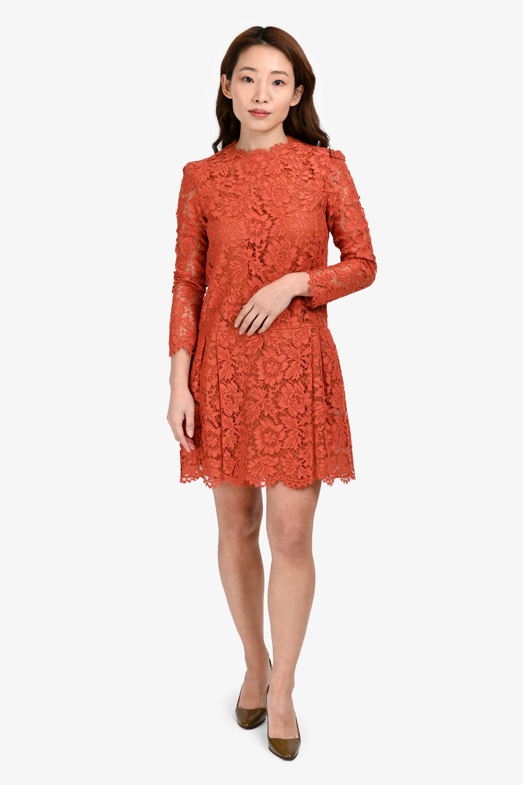 Valentino Orange Lace Long Sleeve Mini Dress Size 4