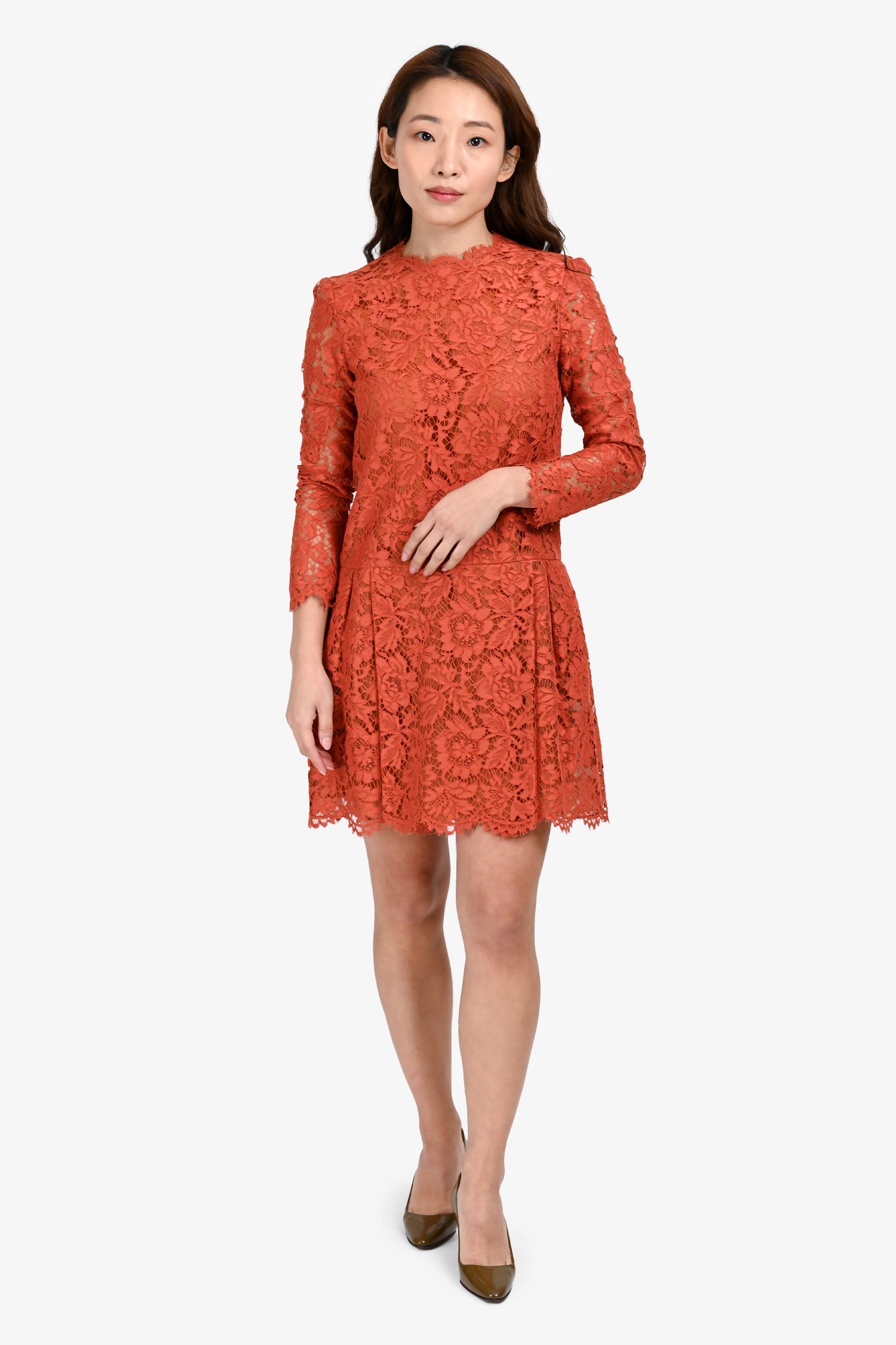 Valentino Orange Lace Long Sleeve Mini Dress Size 4