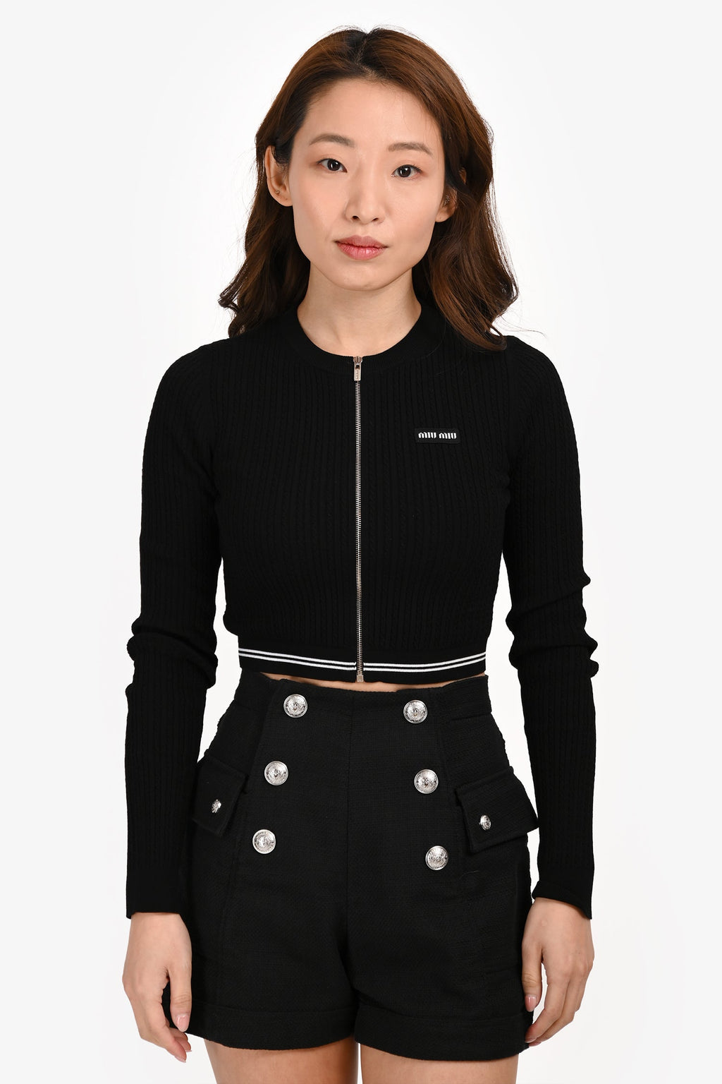 Miu Miu 2023 Black/White Logo Cropped Zip Up igan Size 36 IT
