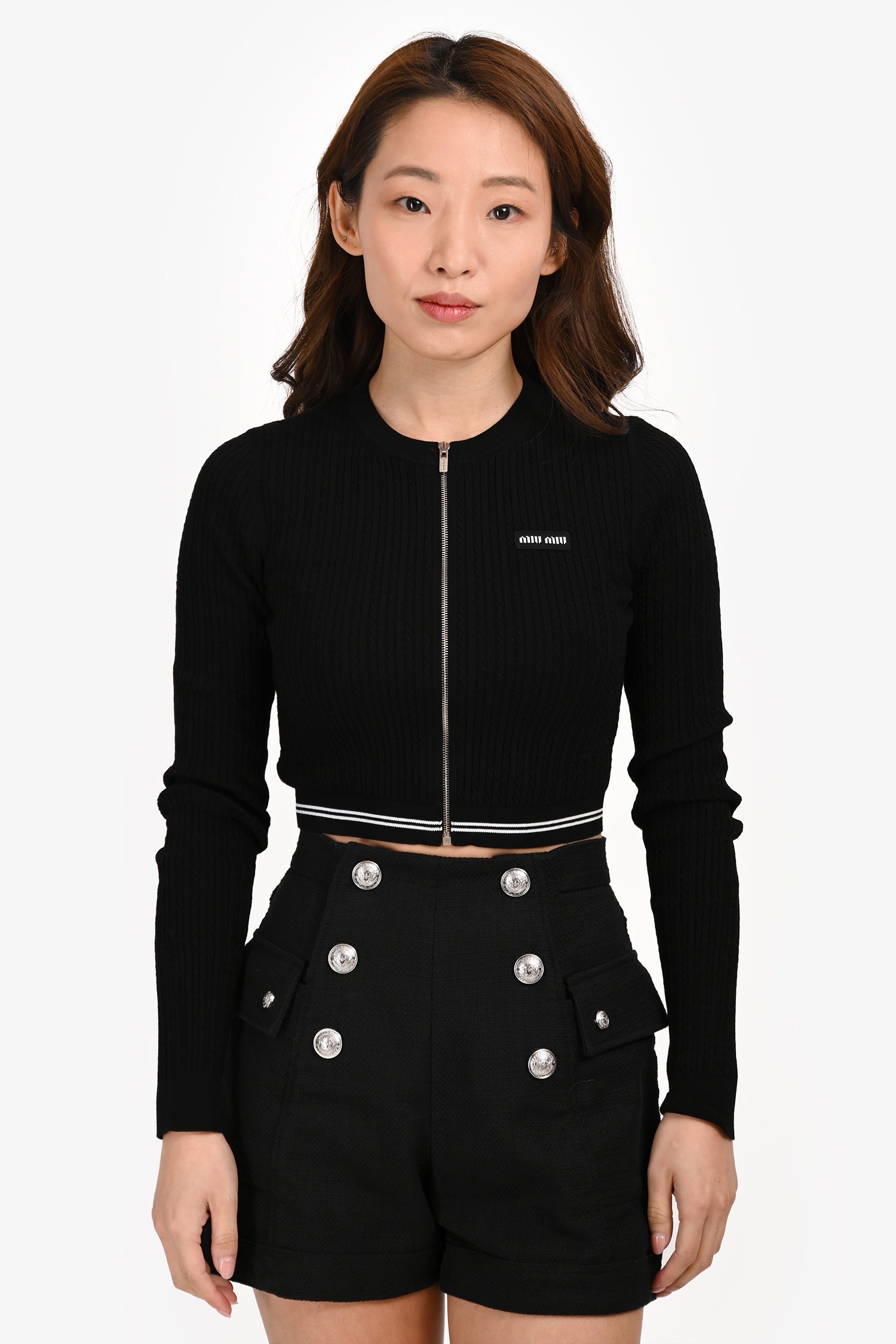 Miu Miu 2023 Black/White Logo Cropped Zip Up igan Size 36 IT