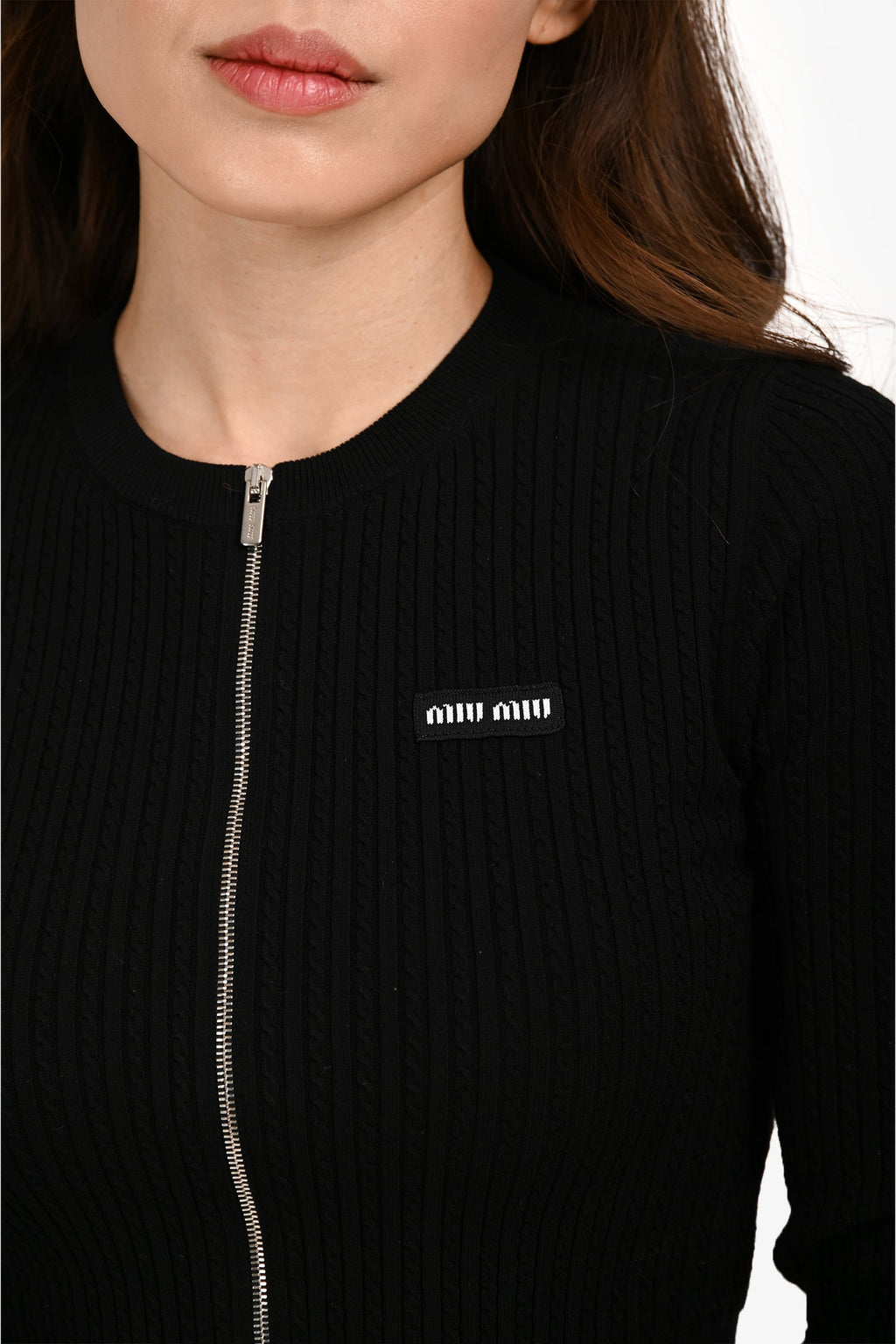 Miu Miu 2023 Black/White Logo Cropped Zip Up igan Size 36 IT