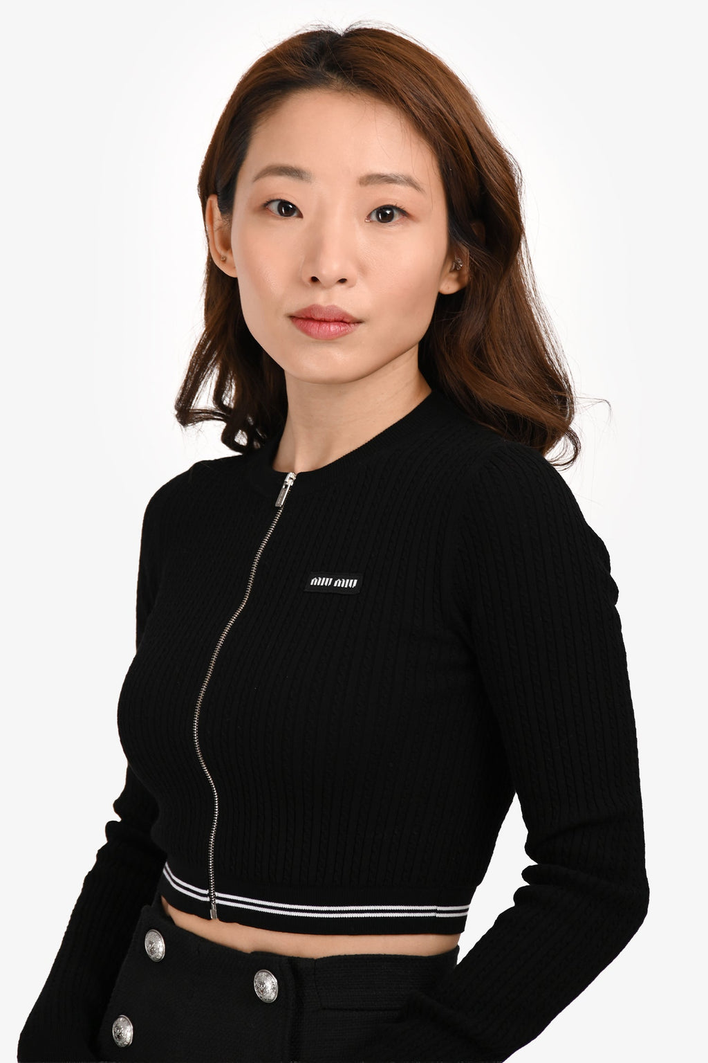Miu Miu 2023 Black/White Logo Cropped Zip Up igan Size 36 IT