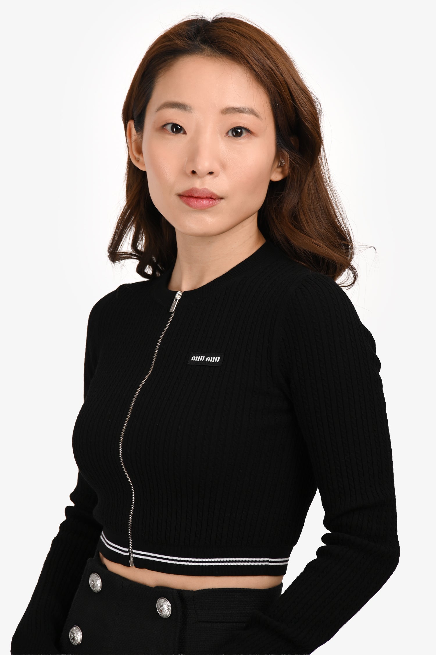 Miu Miu 2023 Black/White Logo Cropped Zip Up igan Size 36 IT