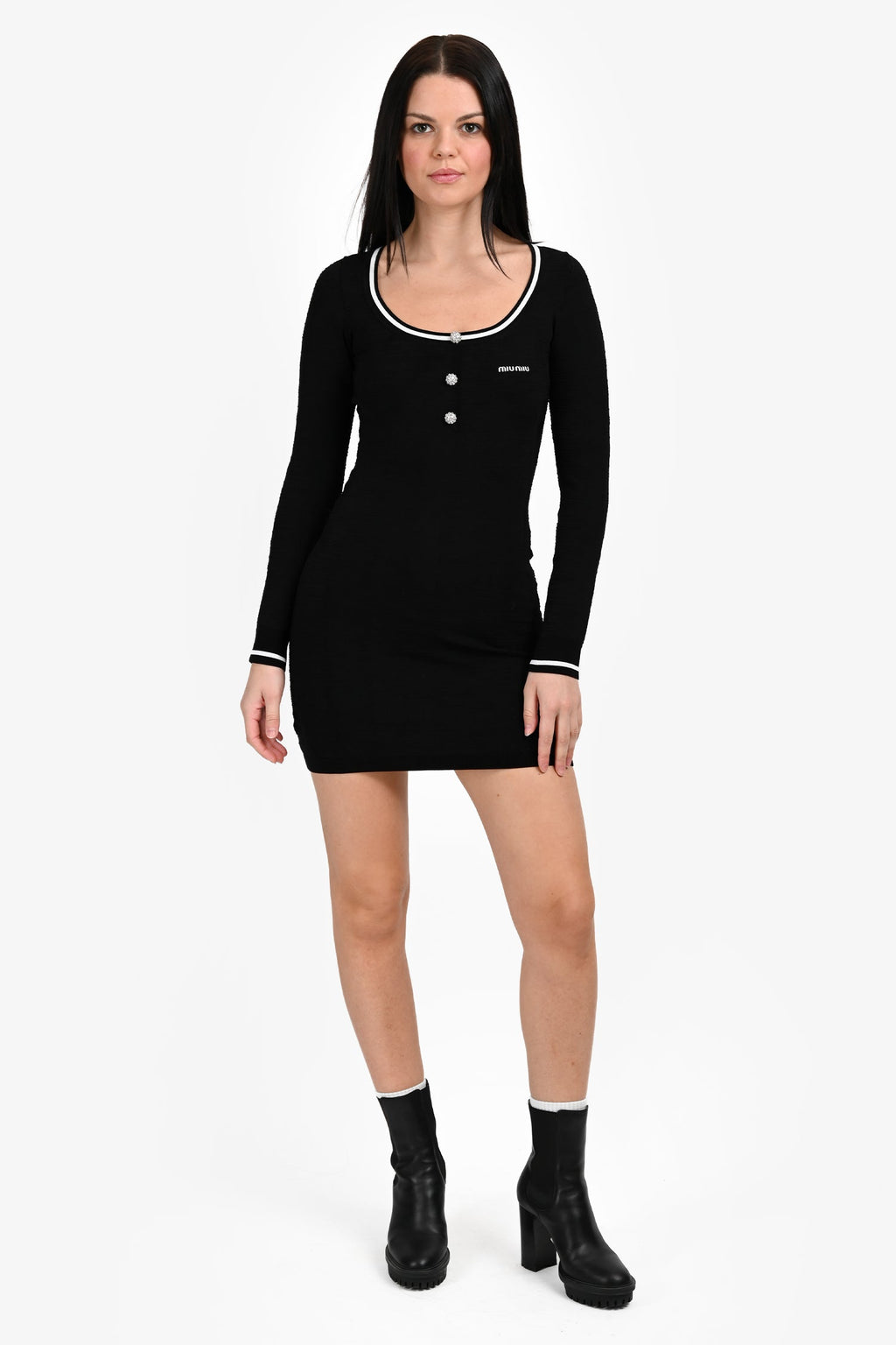 Miu Miu Black Logo Crystal Embellished Button Long Sleeve Mini Dress Estimated Size S