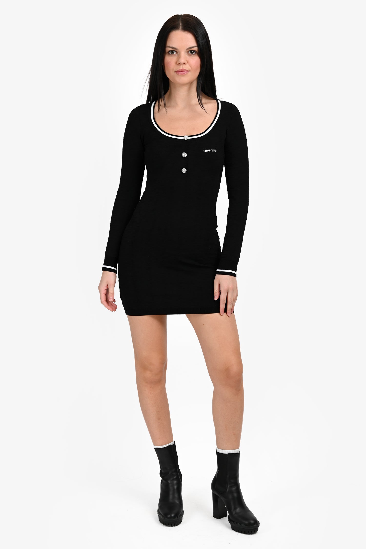 Miu Miu Black Logo Crystal Embellished Button Long Sleeve Mini Dress Estimated Size S