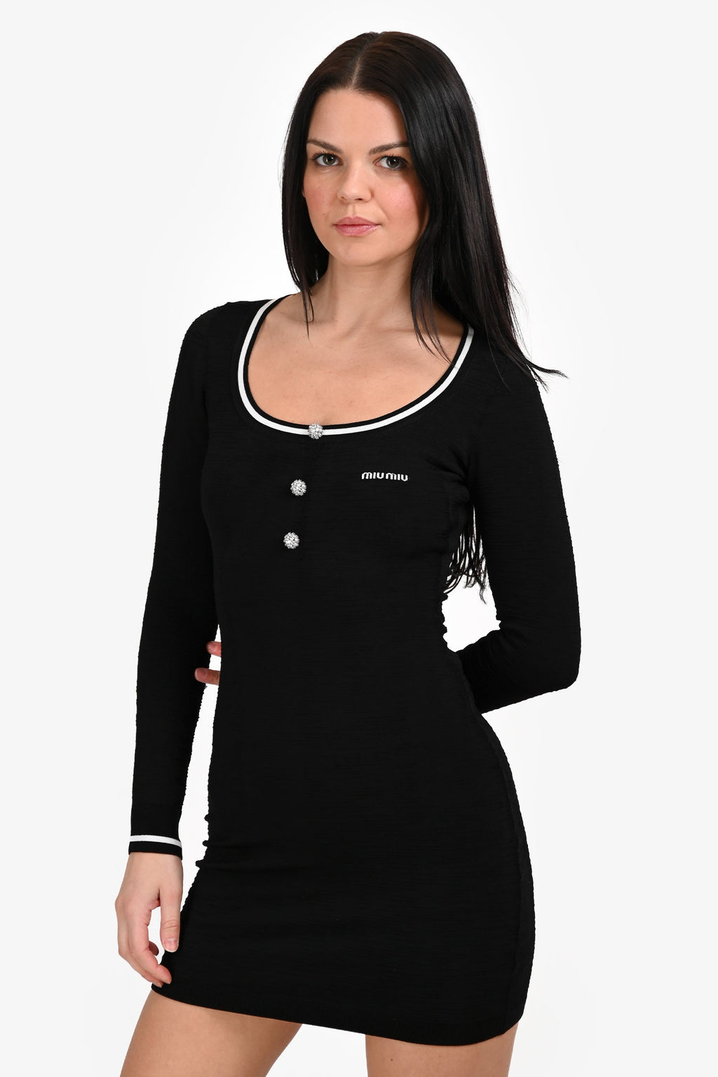 Miu Miu Black Logo Crystal Embellished Button Long Sleeve Mini Dress Estimated Size S