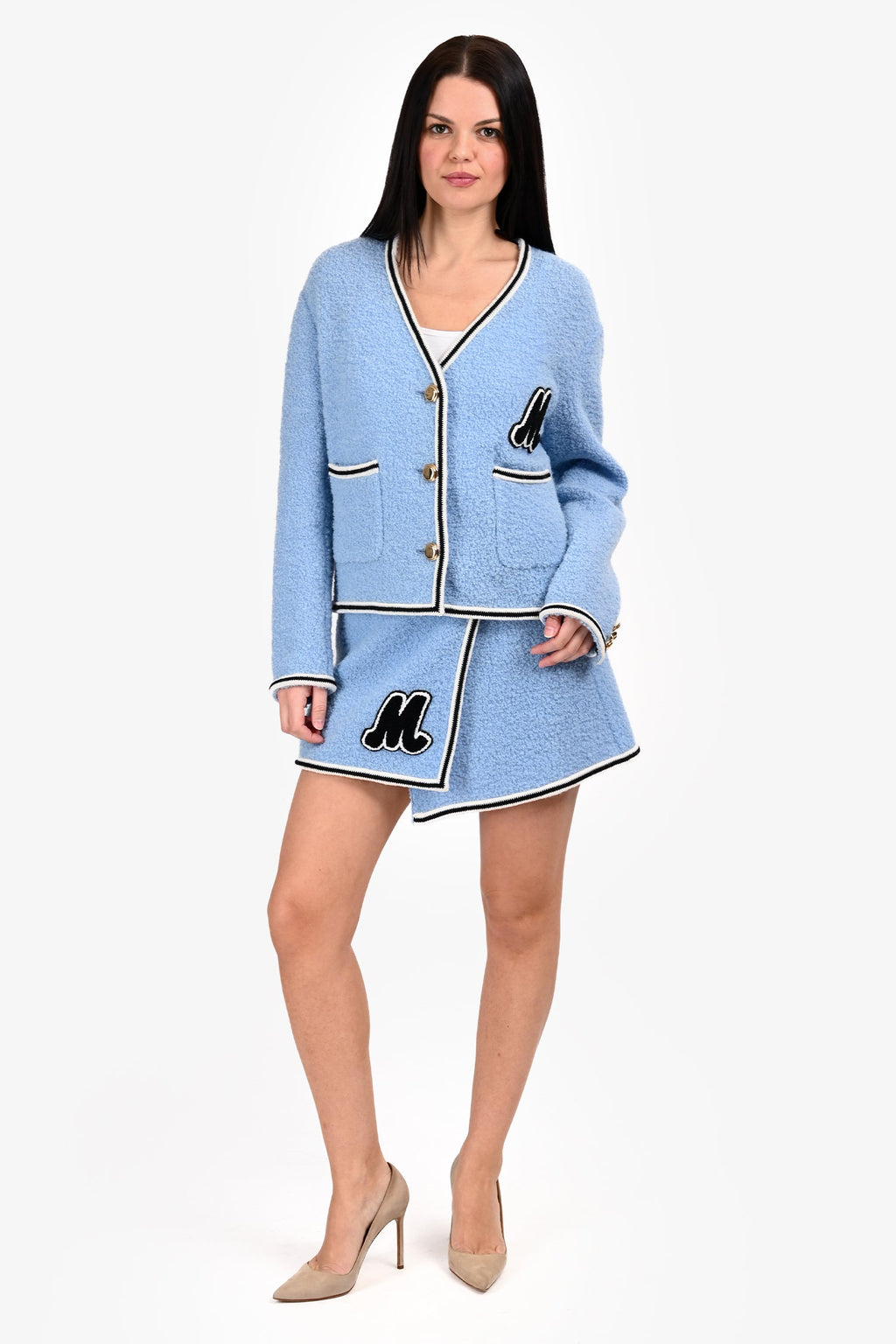 Miu Miu 2021 Blue Wool 'M' Logo igan + Mini Skirt Set Size 38/36 IT