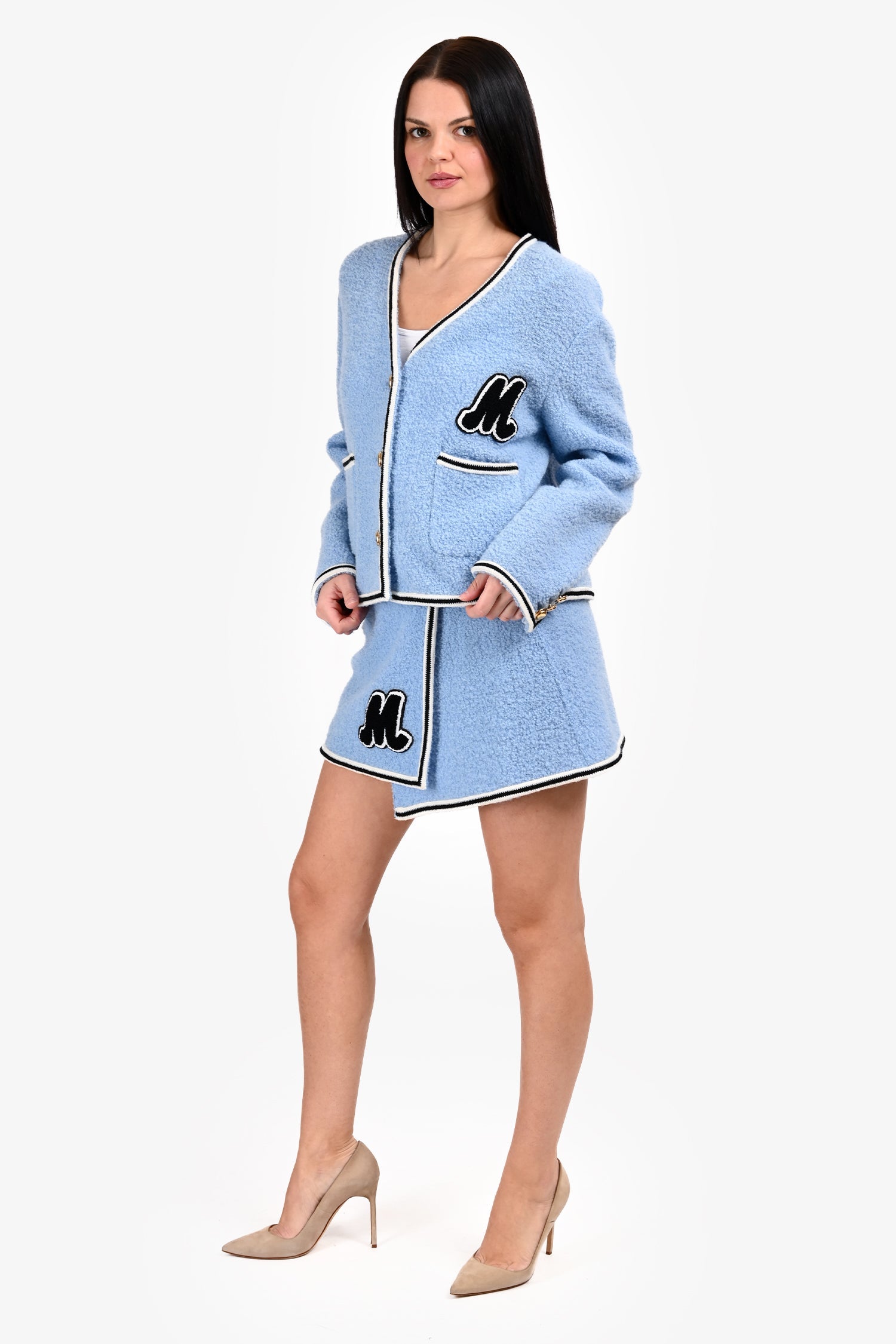 Miu Miu 2021 Blue Wool 'M' Logo igan + Mini Skirt Set Size 38/36 IT