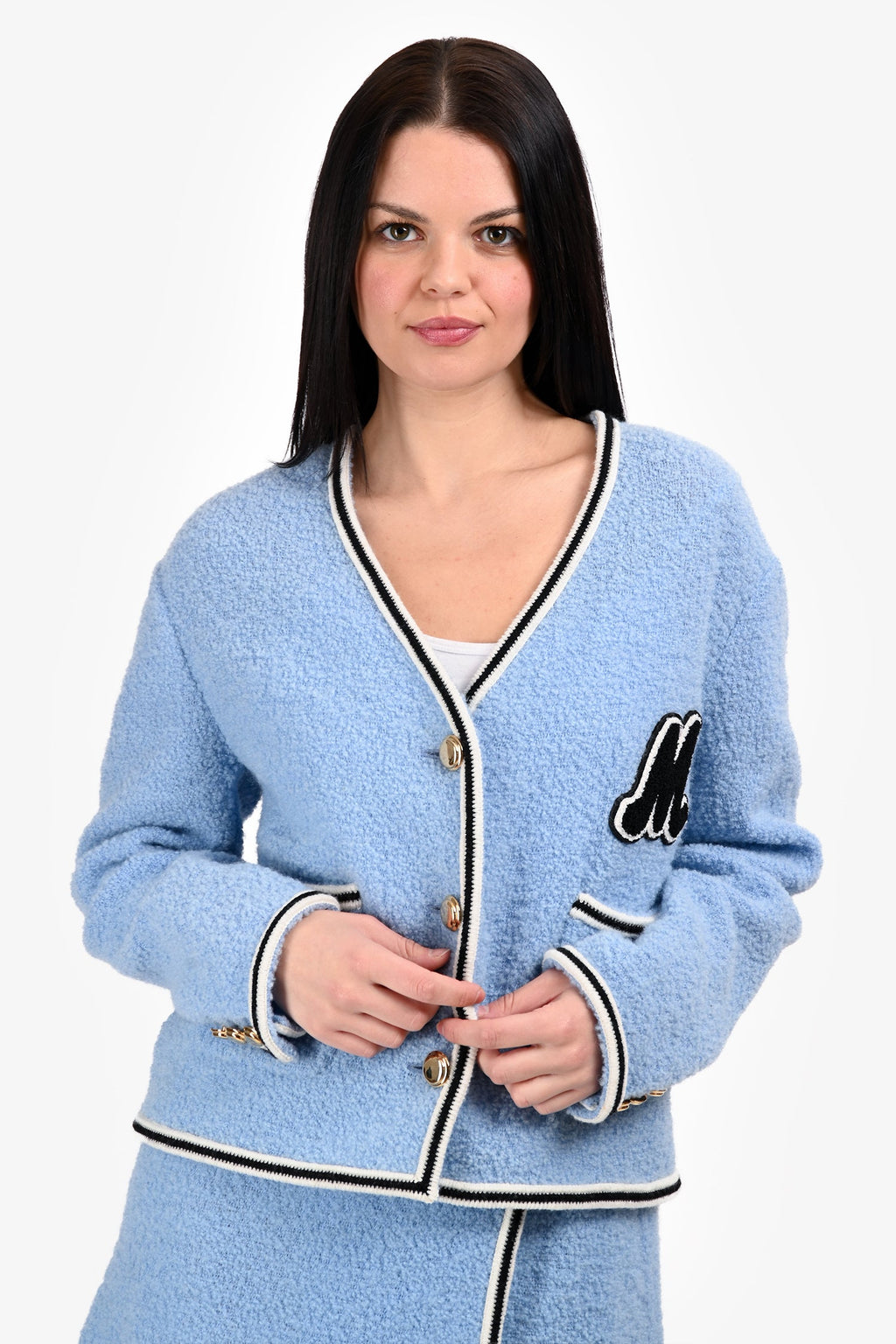 Miu Miu 2021 Blue Wool 'M' Logo igan + Mini Skirt Set Size 38/36 IT