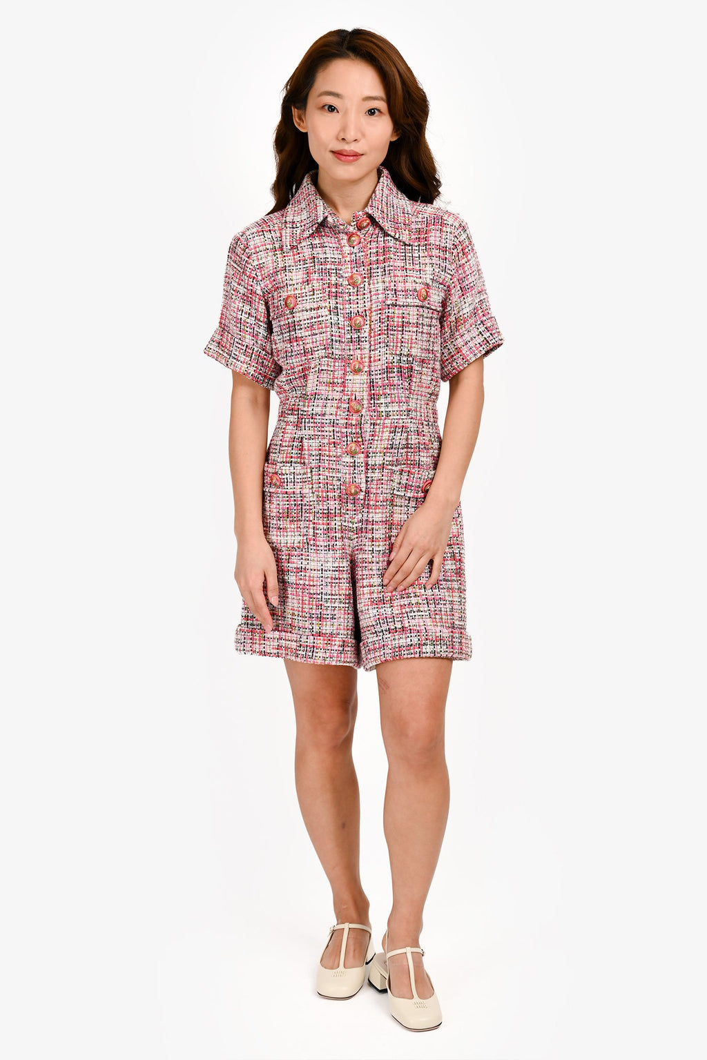 Pre-Loved Chanel™ Pink Tweed Short Sleeve Romper Size 36 FR