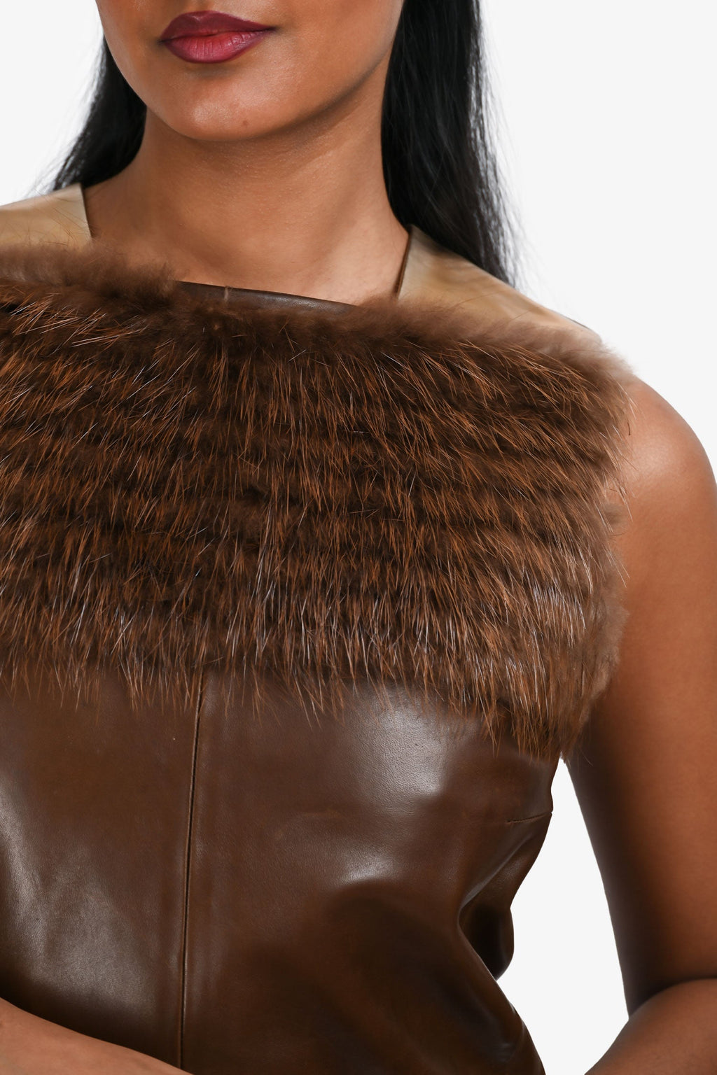 Gucci by Tom Ford Brown Leather/Fox Fur Sleeveless Shift Dress Estimated Size S