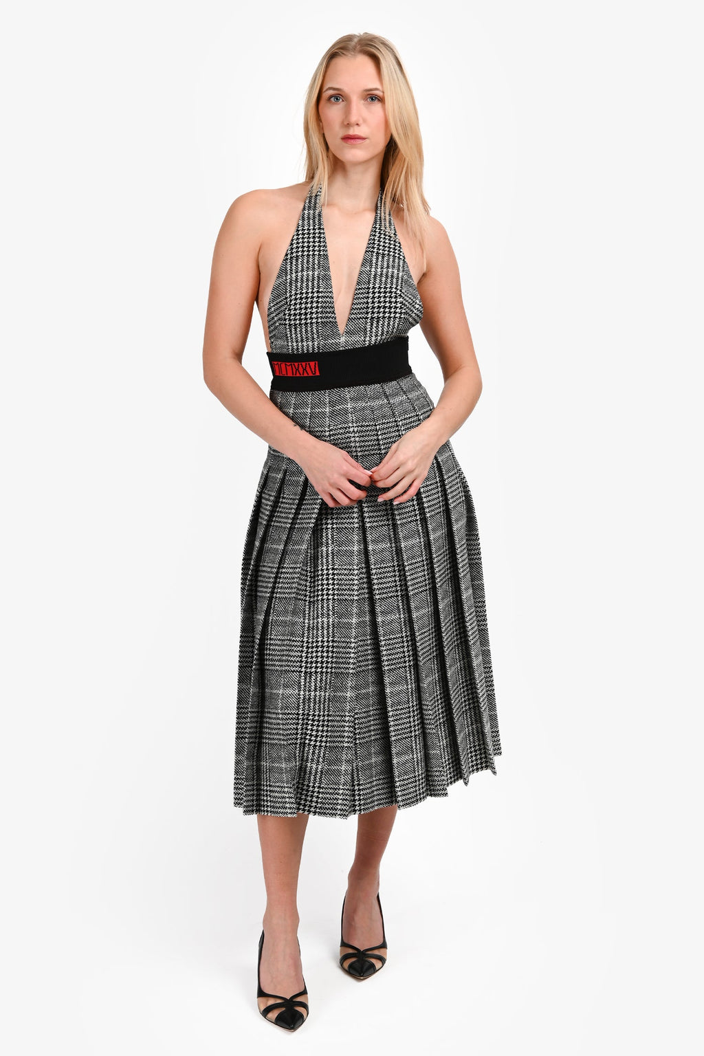 Fendi Black/White Houndstooth Pleated Midi Dress Size 36