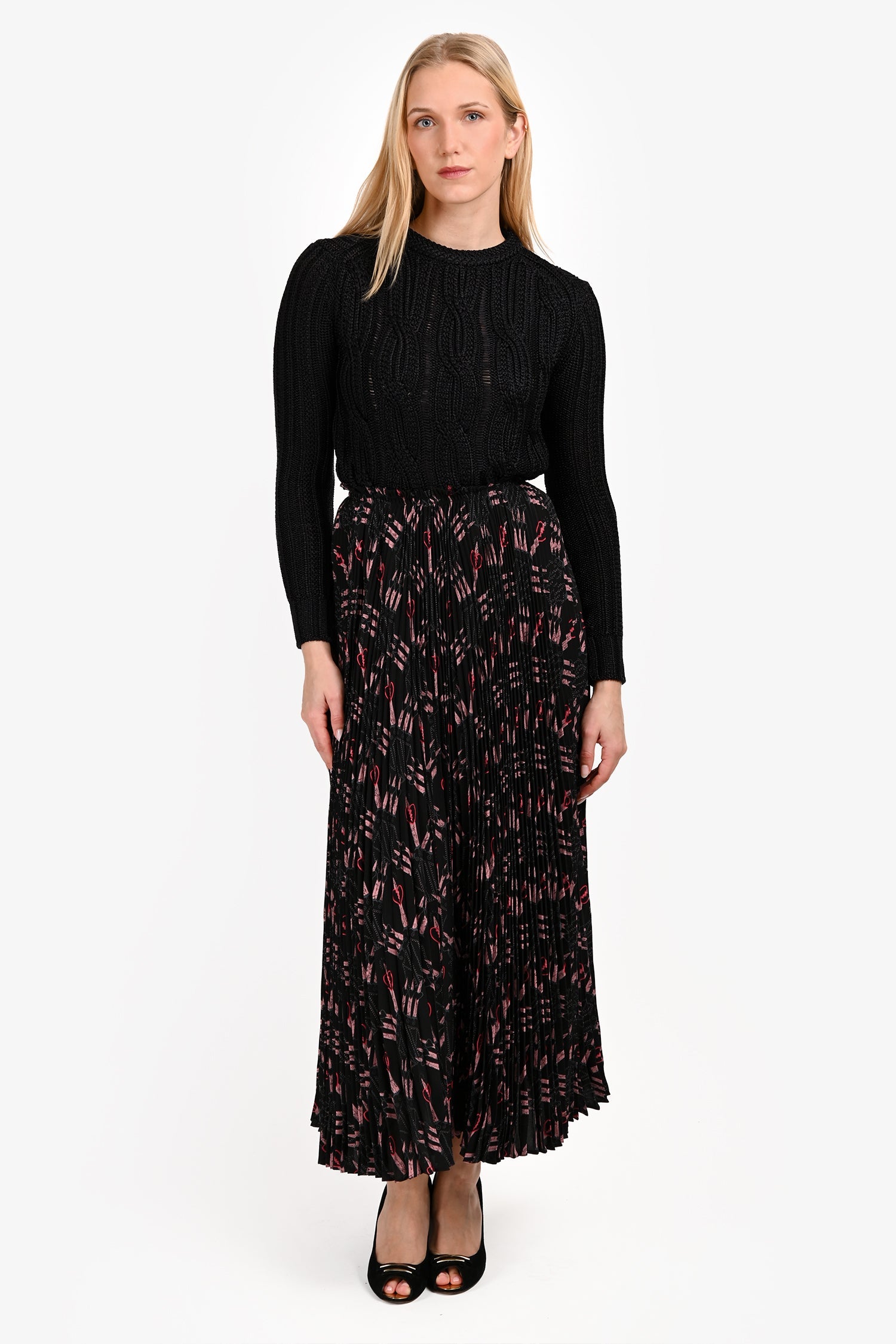Valentino Black/Pink Silk Patterned Pleated Midi Skirt Size 2