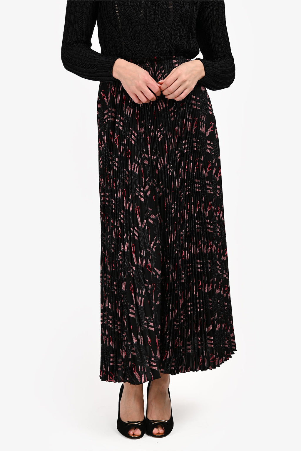 Valentino Black/Pink Silk Patterned Pleated Midi Skirt Size 2