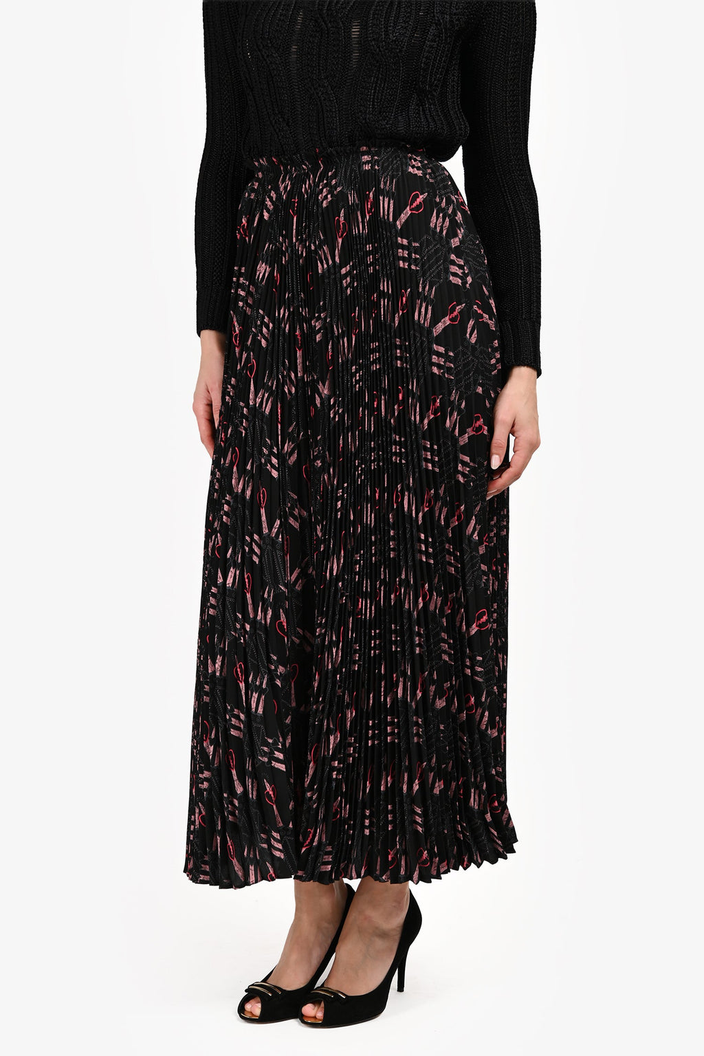Valentino Black/Pink Silk Patterned Pleated Midi Skirt Size 2