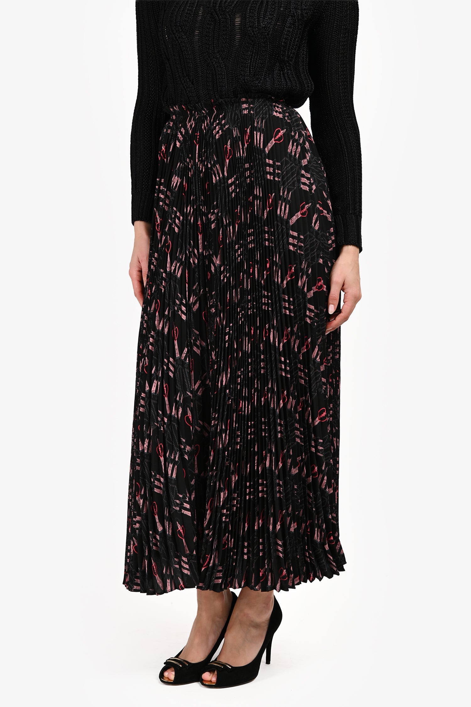 Valentino Black/Pink Silk Patterned Pleated Midi Skirt Size 2
