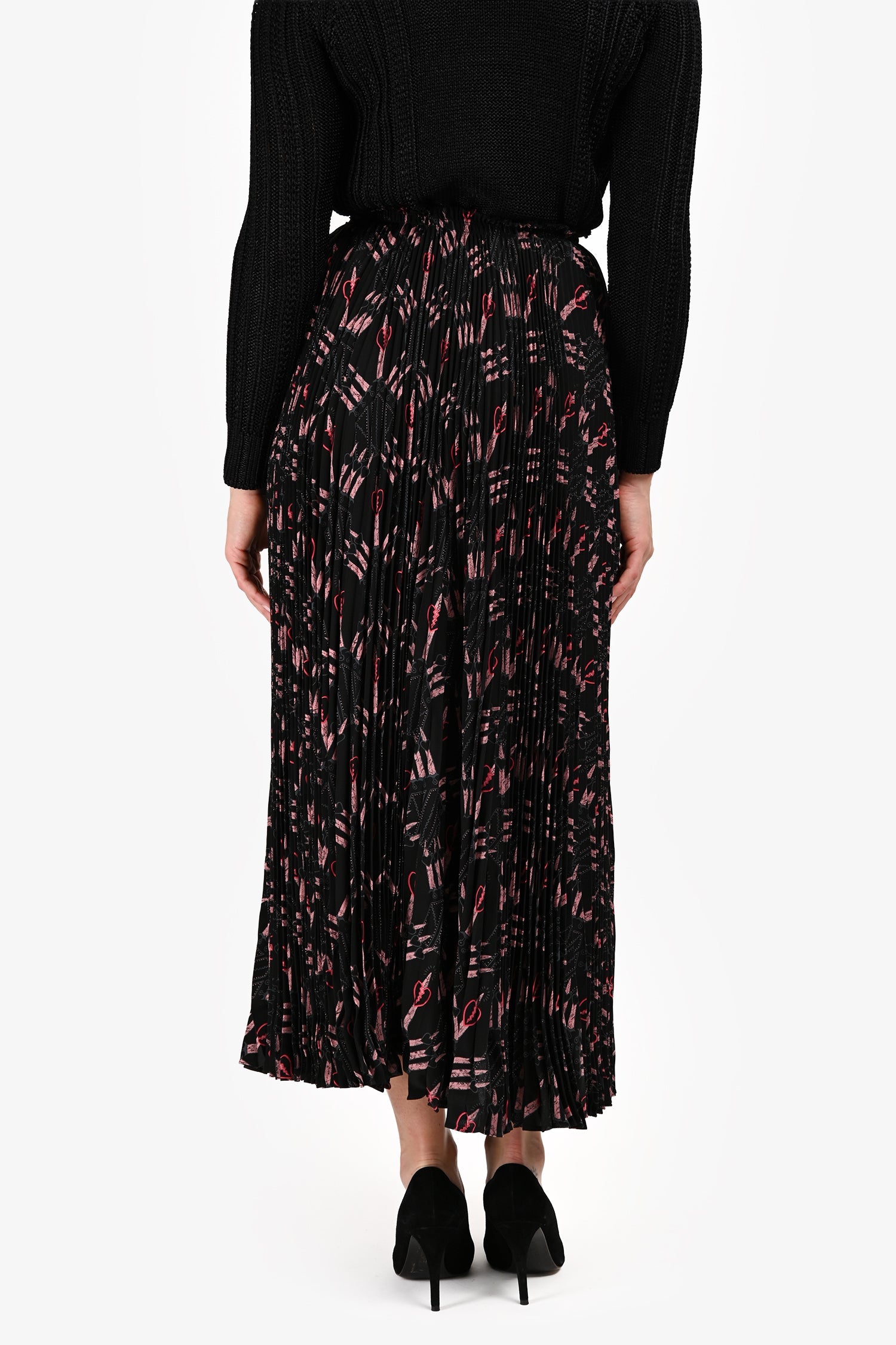 Valentino Black/Pink Silk Patterned Pleated Midi Skirt Size 2