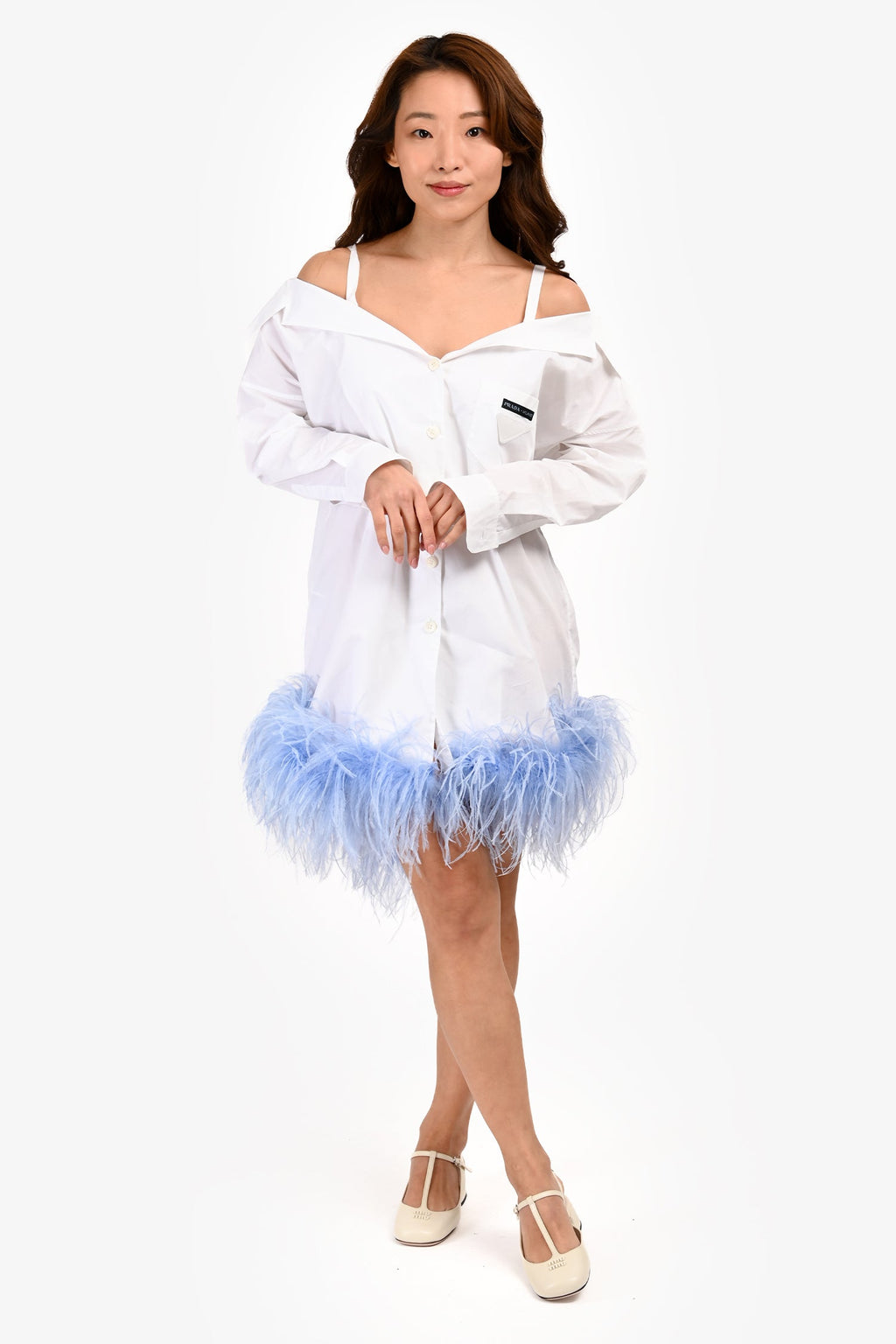 Prada 2018 White/Light Blue Feather Hem Button Up Shirt Dress Size 36