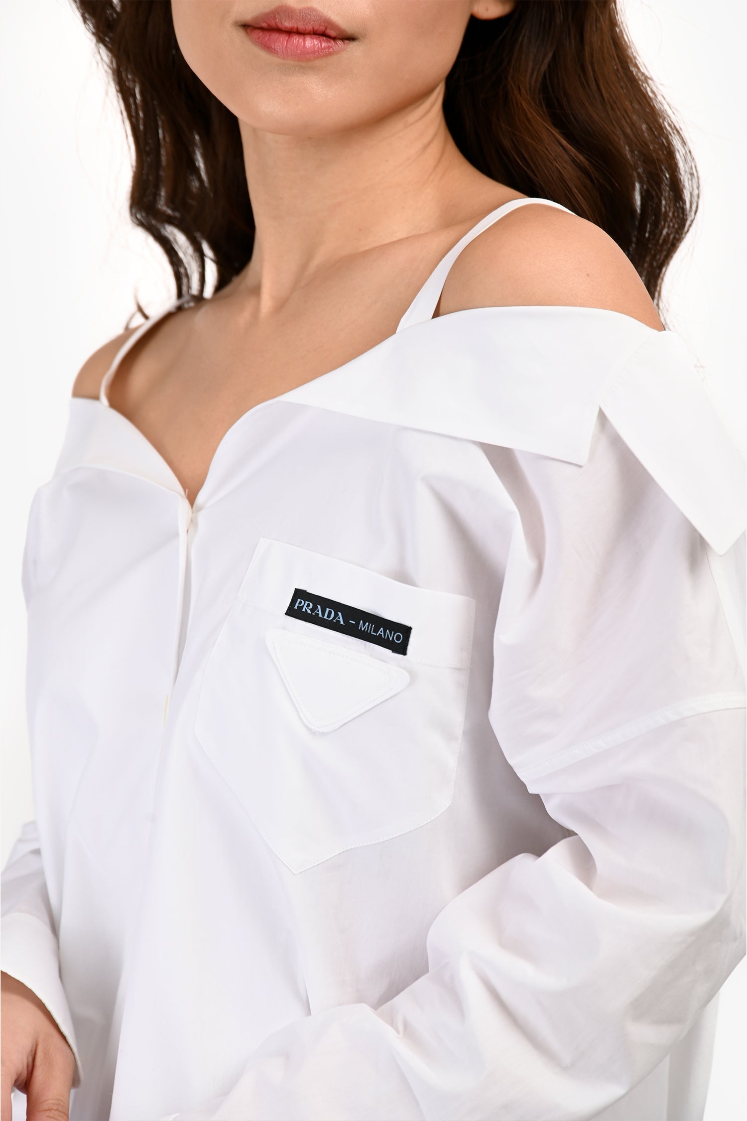 Prada 2018 White/Light Blue Feather Hem Button Up Shirt Dress Size 36