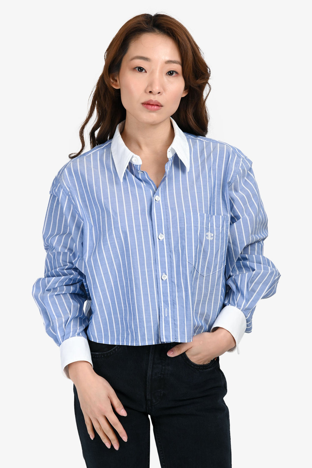 Celine Blue/White Striped Cotton Poplin Cropped Triomphe Blouse Size 42