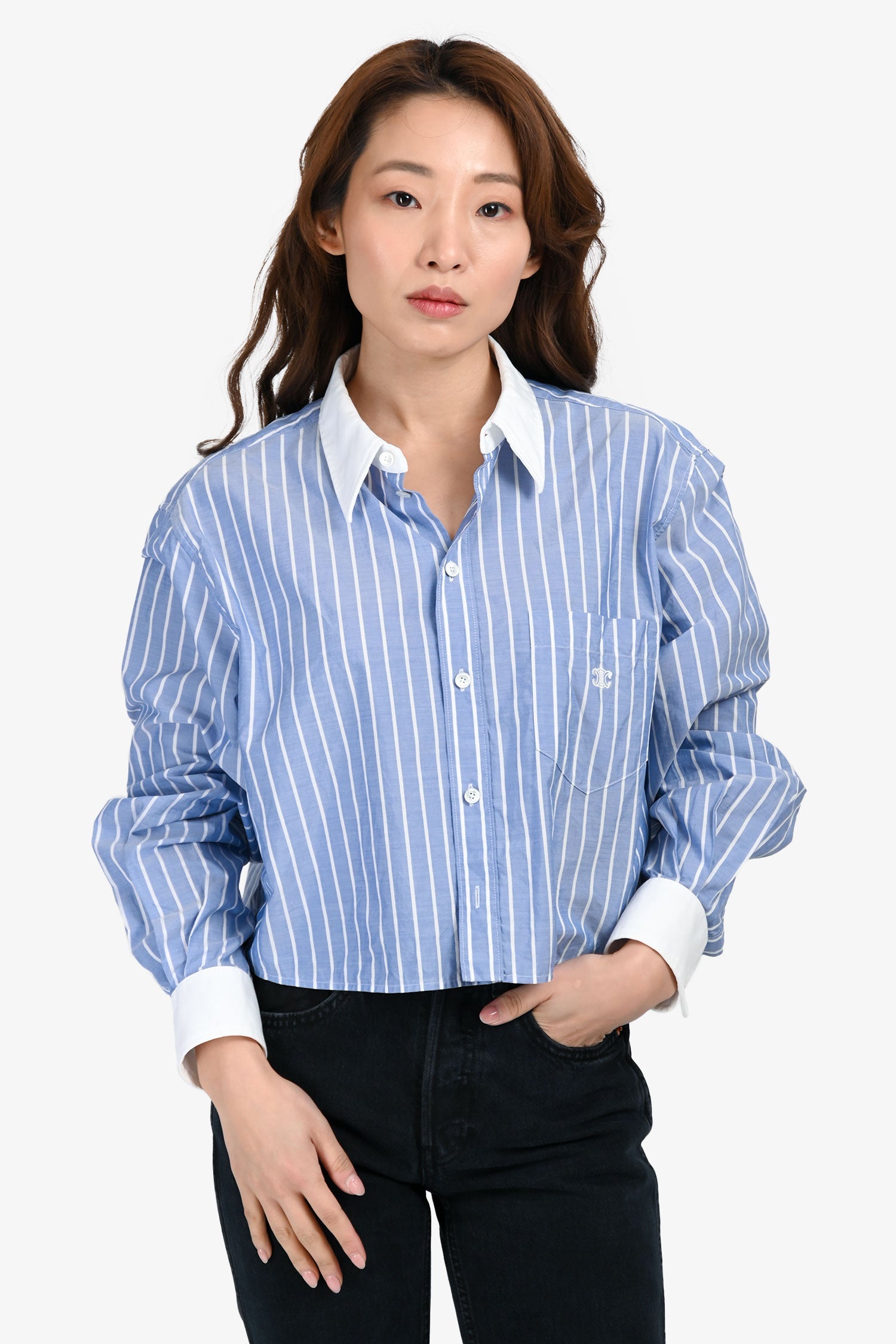 Celine Blue/White Striped Cotton Poplin Cropped Triomphe Blouse Size 42