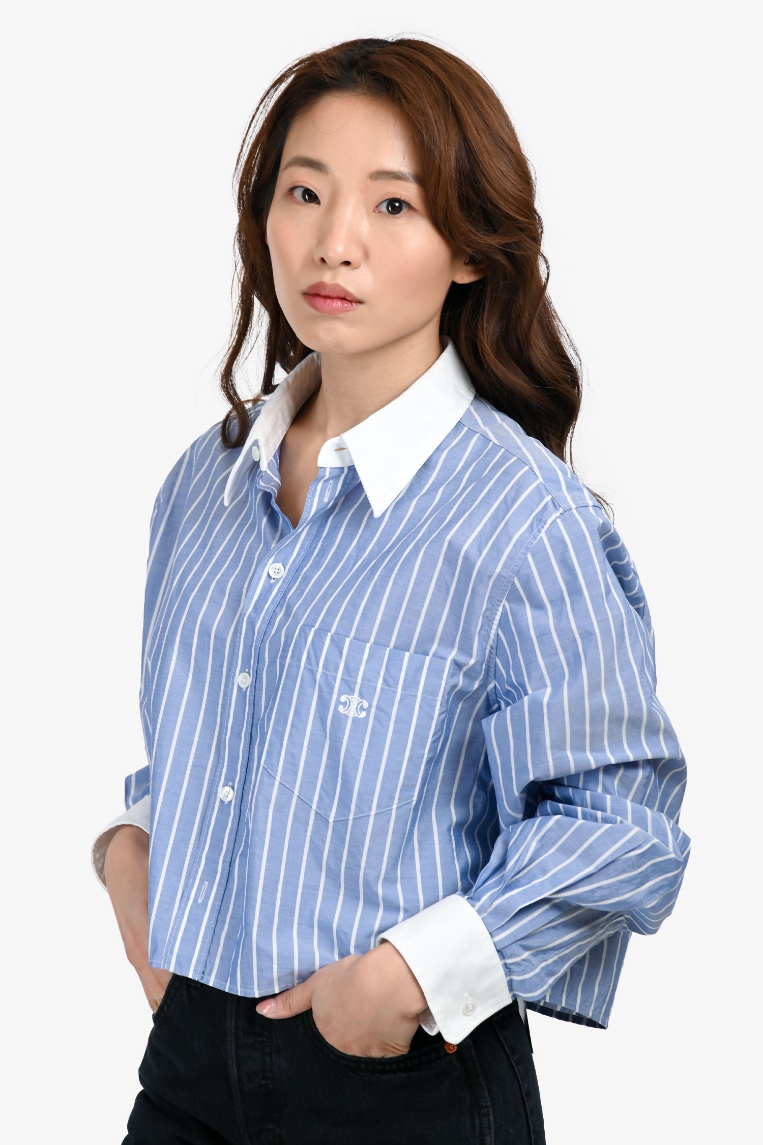 Celine Blue/White Striped Cotton Poplin Cropped Triomphe Blouse Size 42