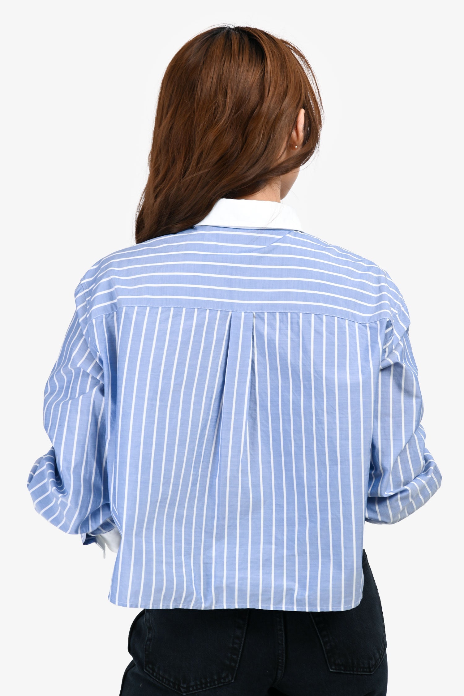 Celine Blue/White Striped Cotton Poplin Cropped Triomphe Blouse Size 42