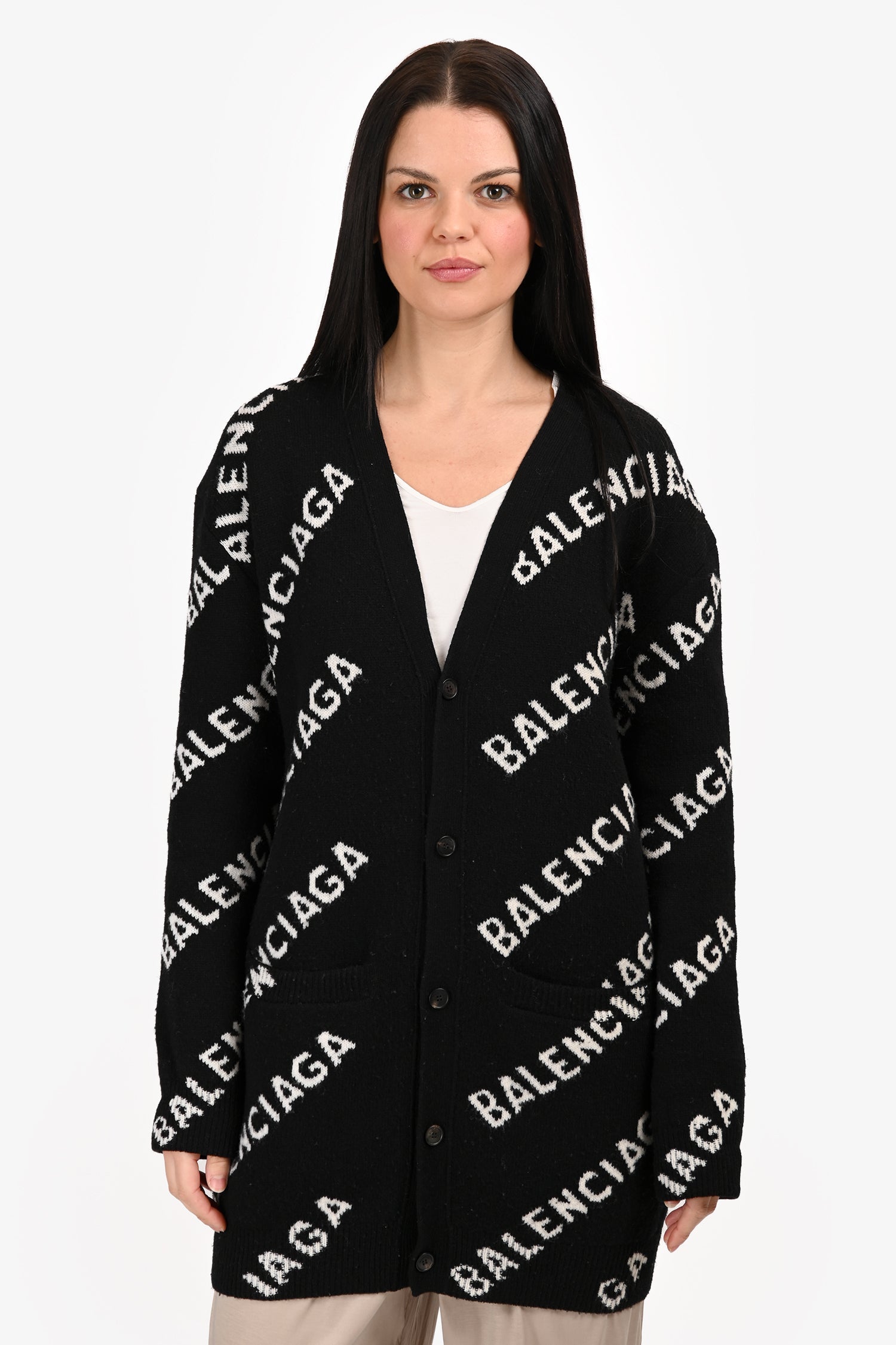 Balenciaga Black/White Wool Logo All Over Button igan Size M