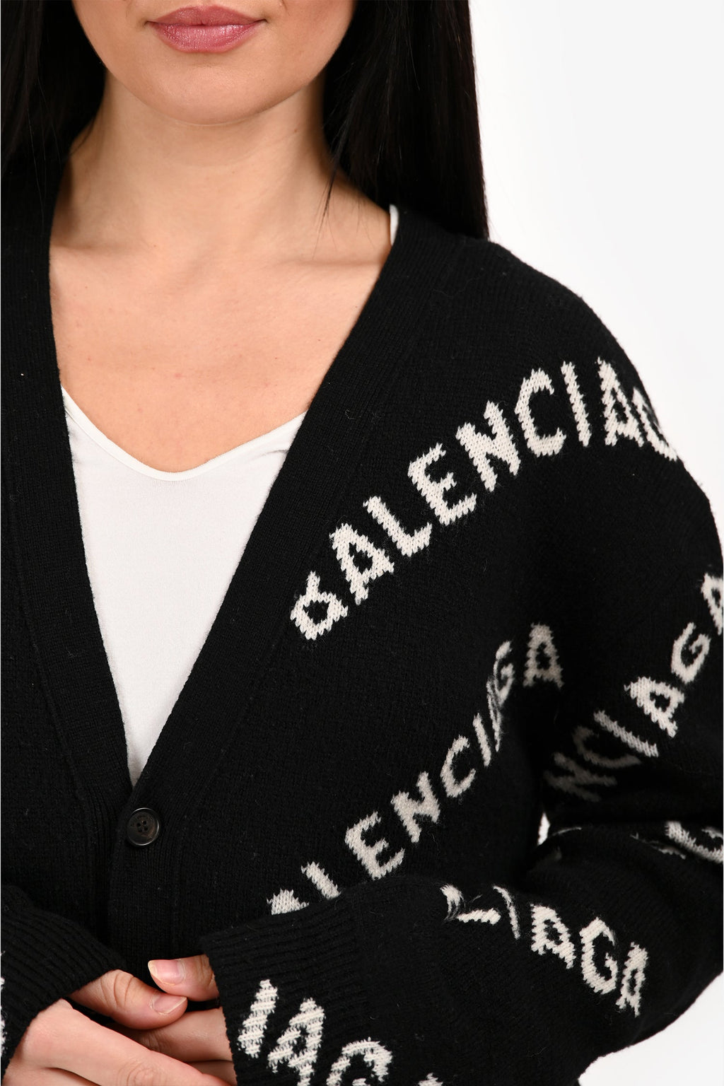 Balenciaga Black/White Wool Logo All Over Button igan Size M