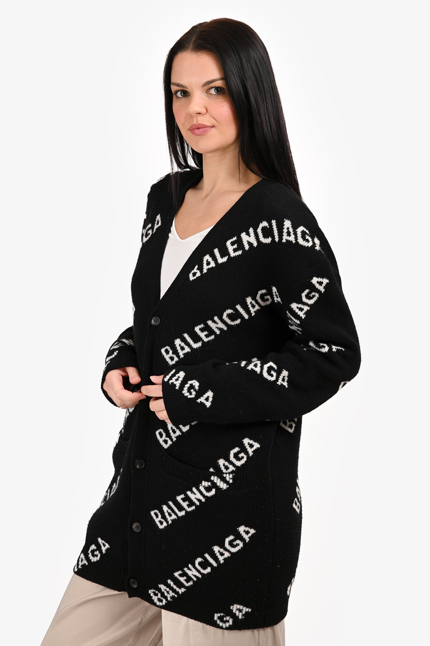 Balenciaga Black/White Wool Logo All Over Button igan Size M