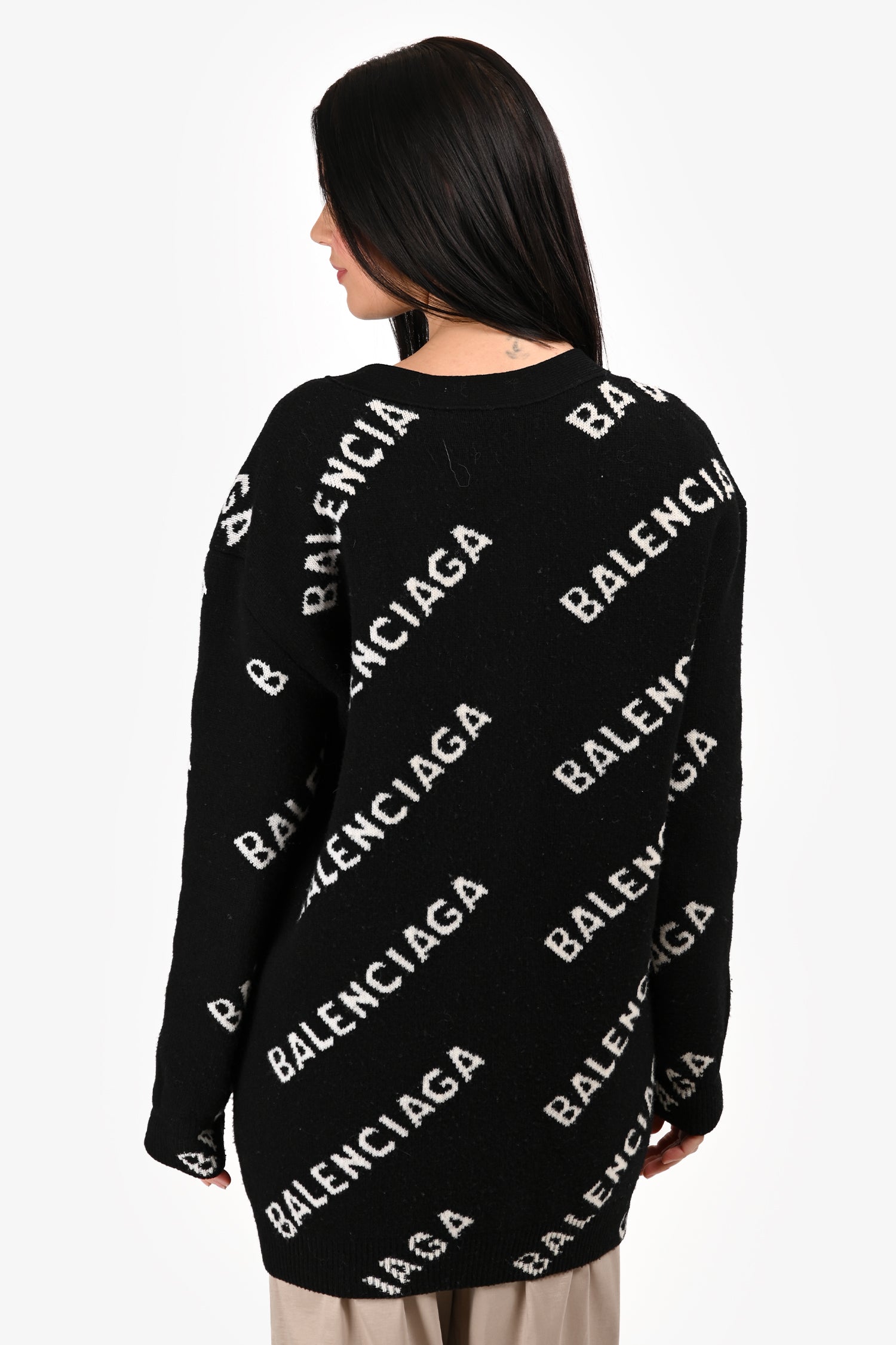 Balenciaga Black/White Wool Logo All Over Button igan Size M