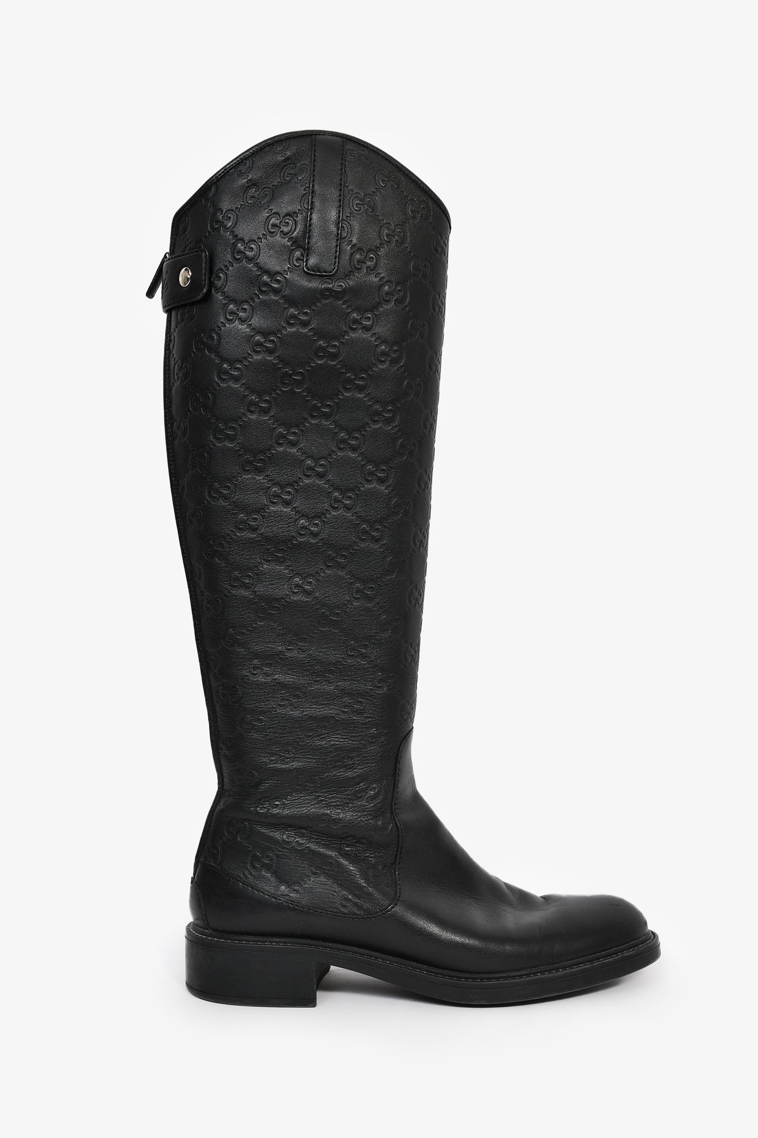 Gucci Black Leather GG Monogram Riding Boots Size 38
