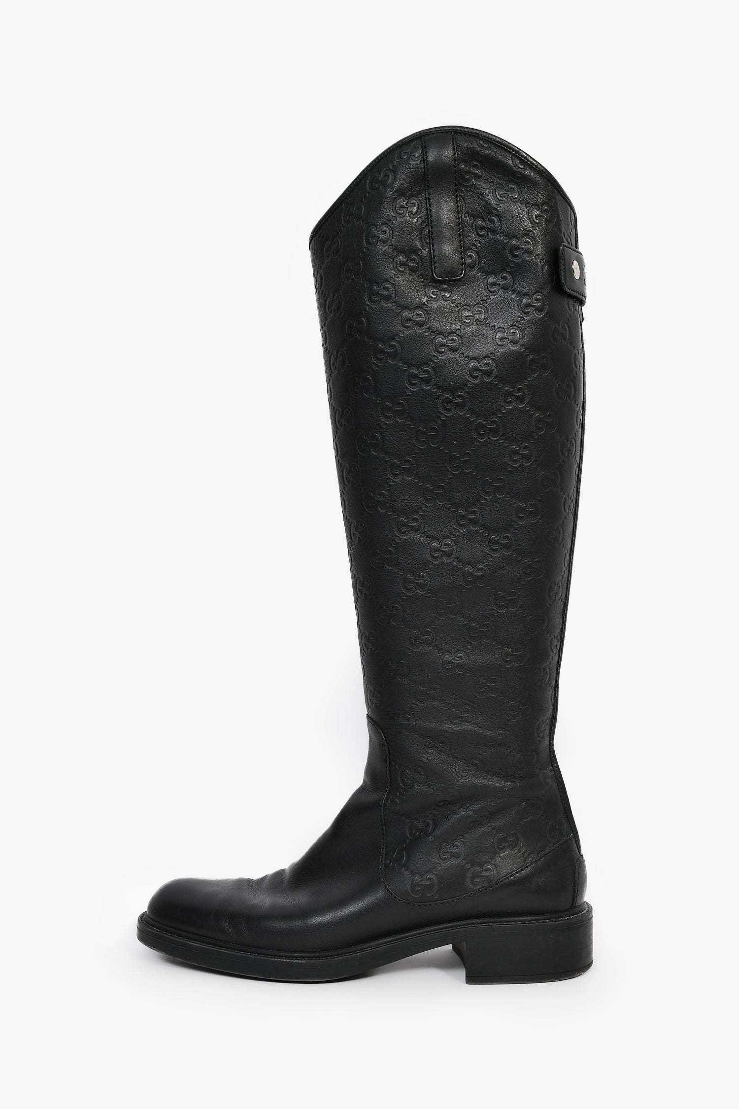 Gucci Black Leather GG Monogram Riding Boots Size 38