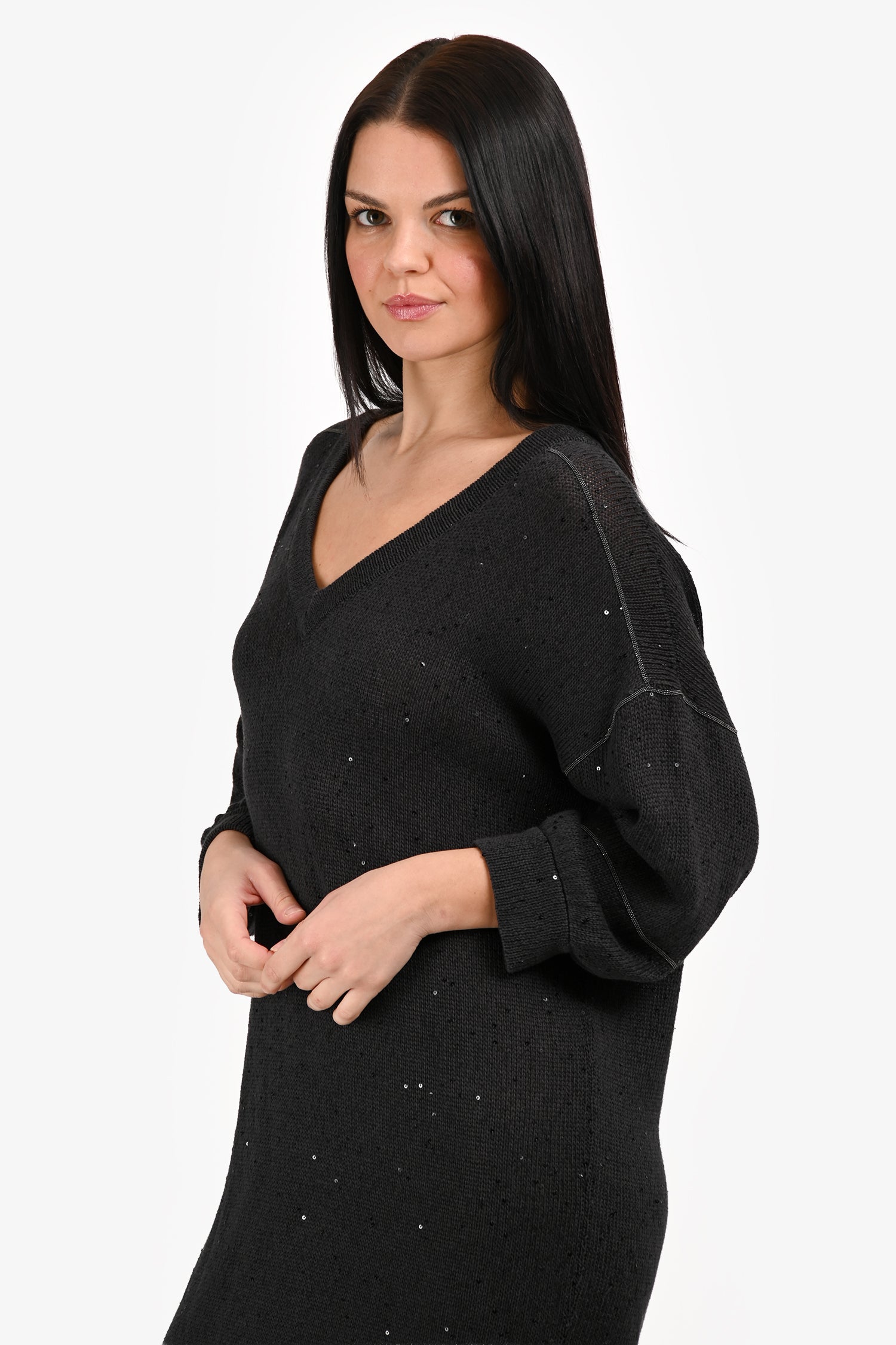 Brunello Cucinelli Charcoal Cotton/Linen Sequin Monili Detail Sweater Dress Size M