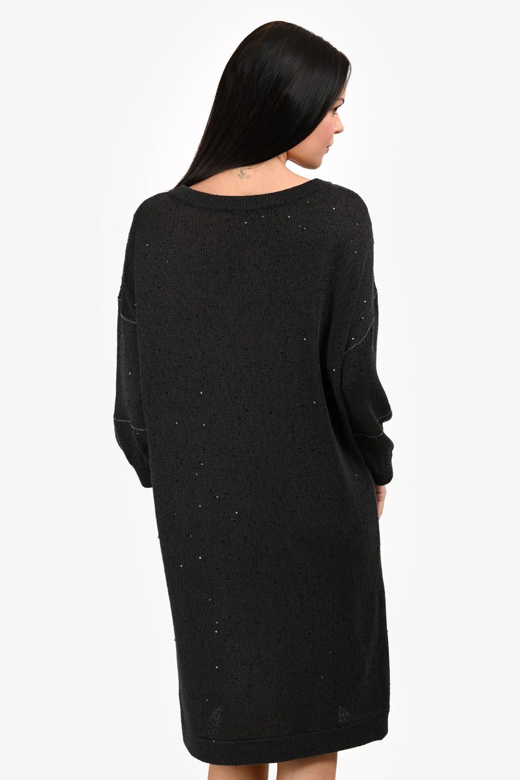 Brunello Cucinelli Charcoal Cotton/Linen Sequin Monili Detail Sweater Dress Size M