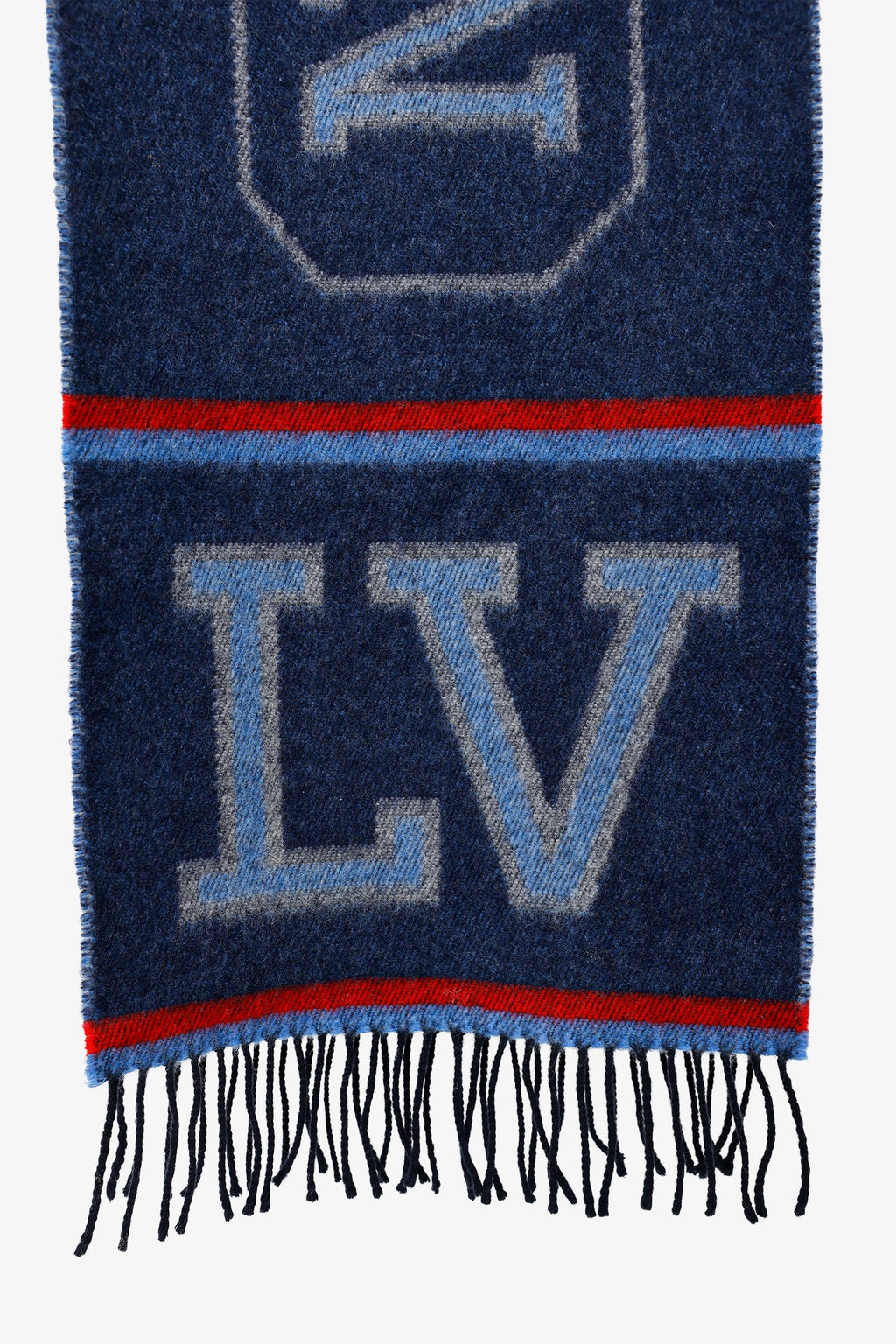 Louis Vuitton Navy/Red Wool/Cashmere Logo Fringe Scarf
