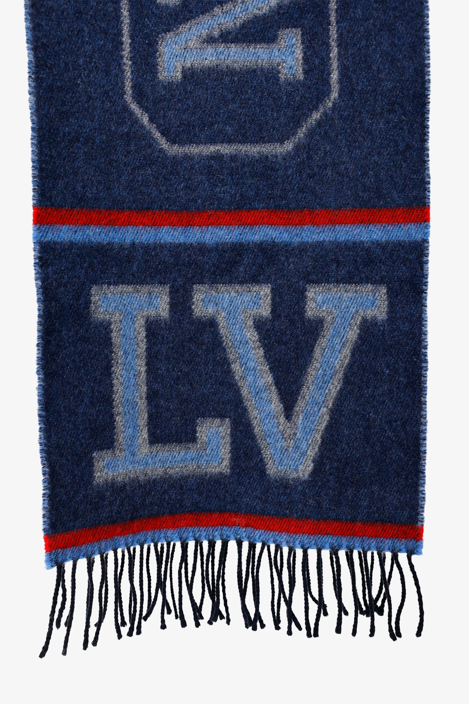 Louis Vuitton Navy/Red Wool/Cashmere Logo Fringe Scarf