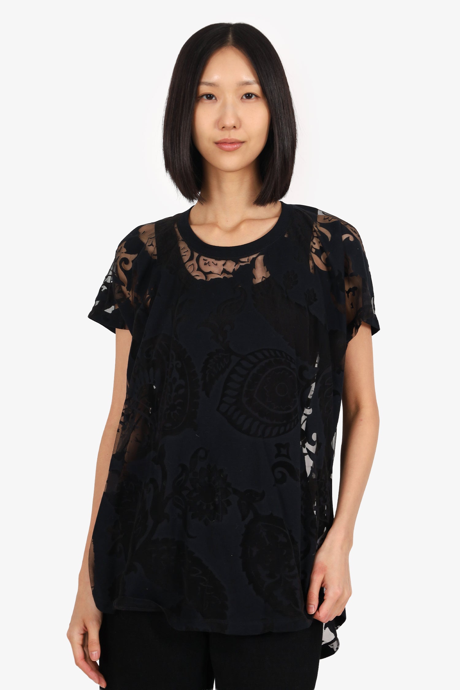 Gucci Black Sheer Patterned Short Sleeve Top Estimated Size Large