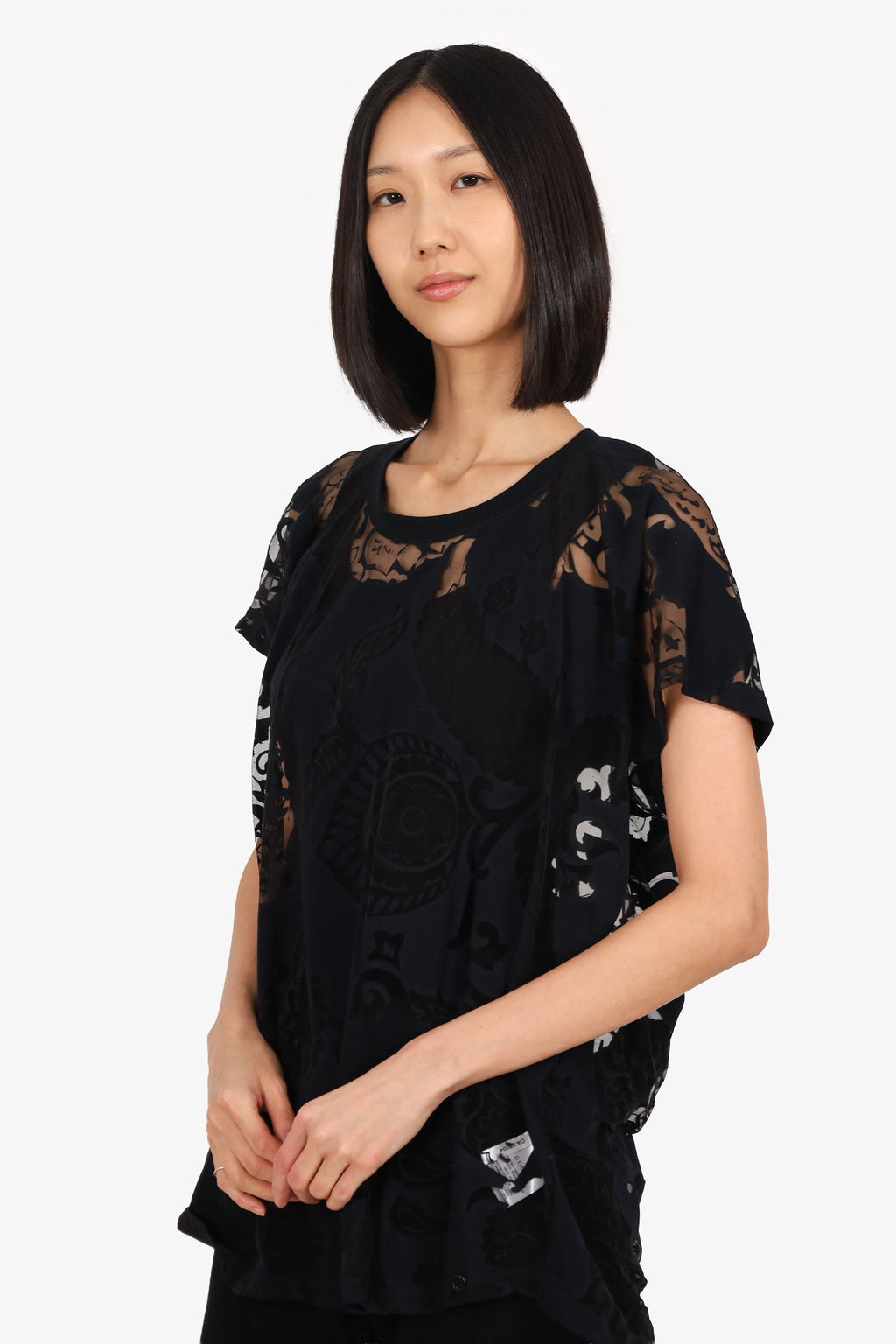 Gucci Black Sheer Patterned Short Sleeve Top Estimated Size Large