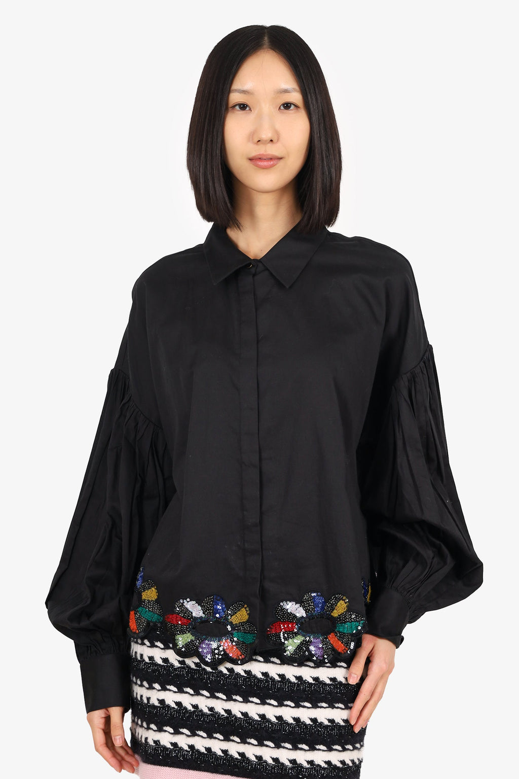 AFEW Rahul Mishra Black Sequinned Balloon Sleeve Shirt Size XL