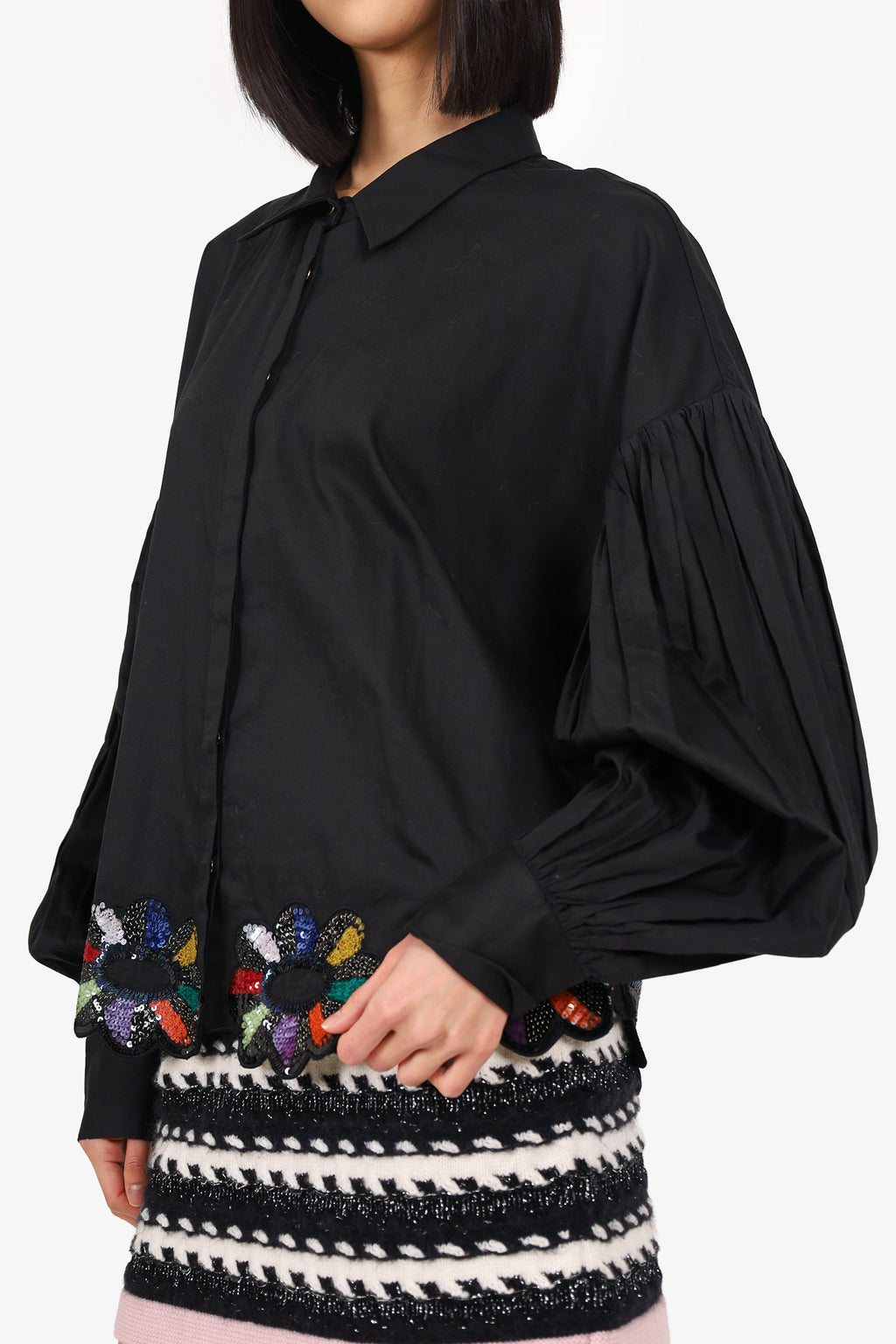 AFEW Rahul Mishra Black Sequinned Balloon Sleeve Shirt Size XL