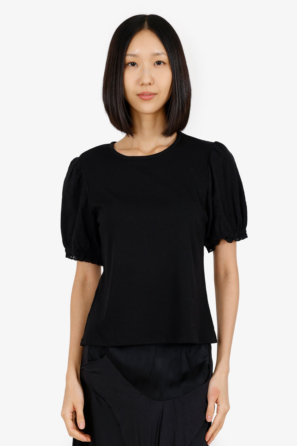 Joie Black Ribbed Knit Ruffle Short Sleeve Top Size L