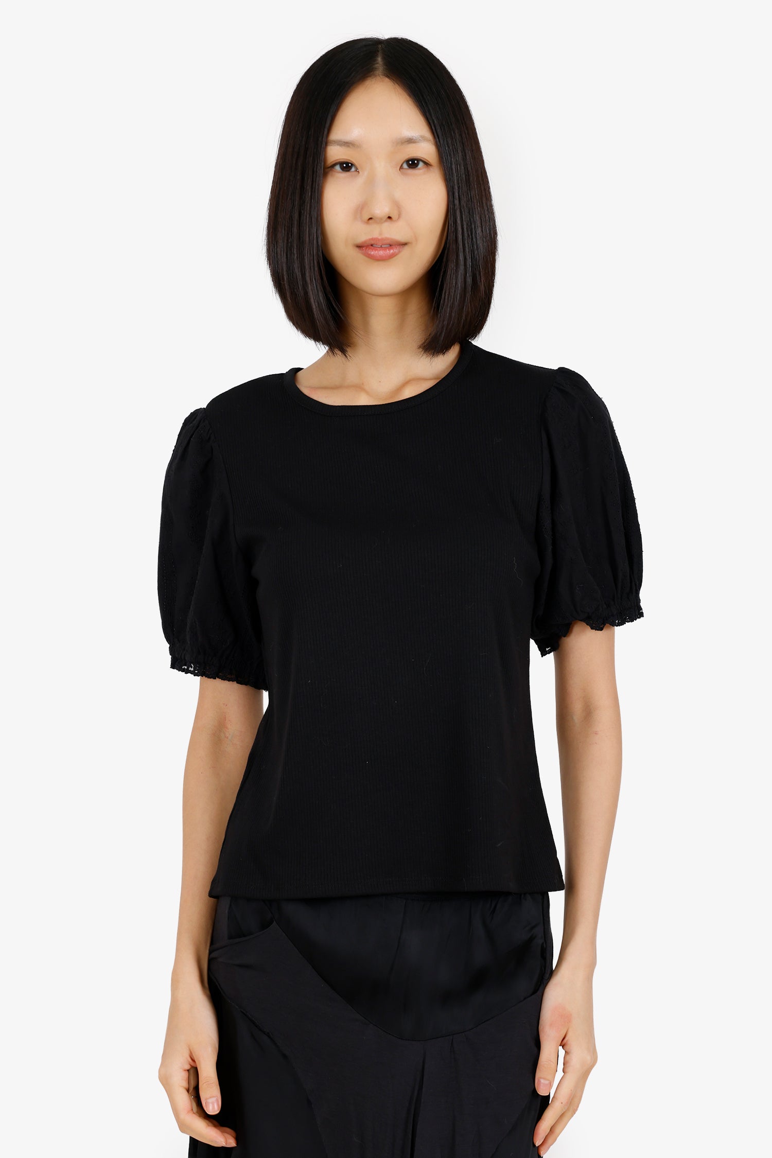 Joie Black Ribbed Knit Ruffle Short Sleeve Top Size L
