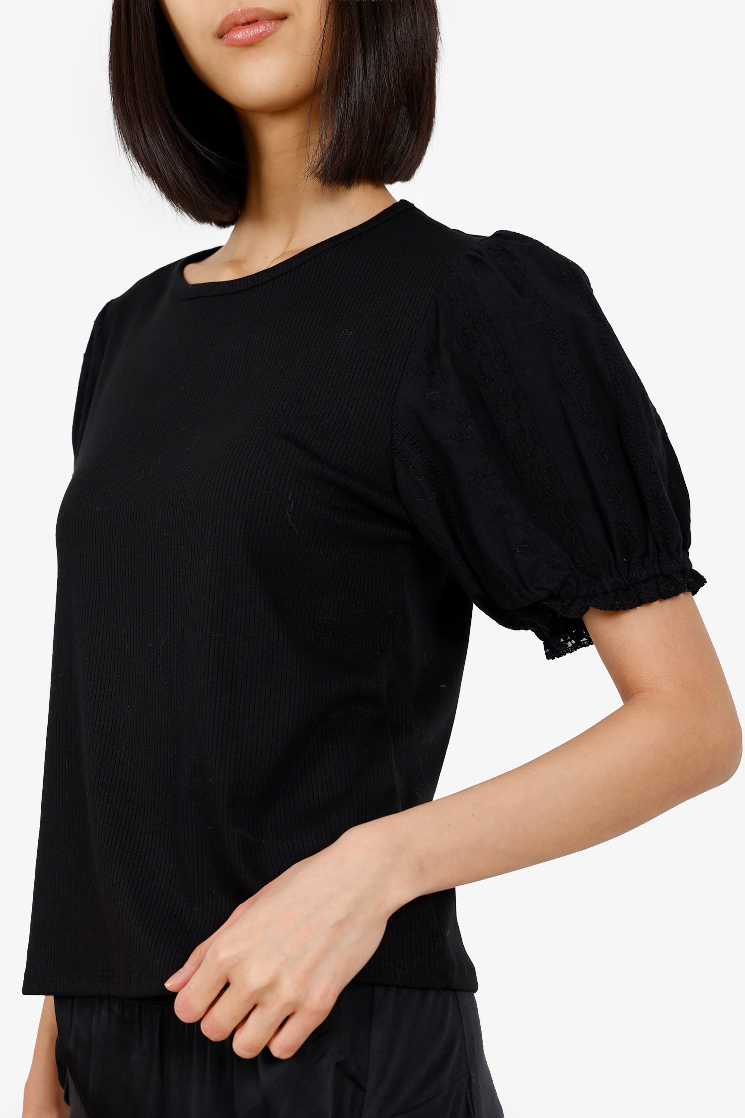Joie Black Ribbed Knit Ruffle Short Sleeve Top Size L