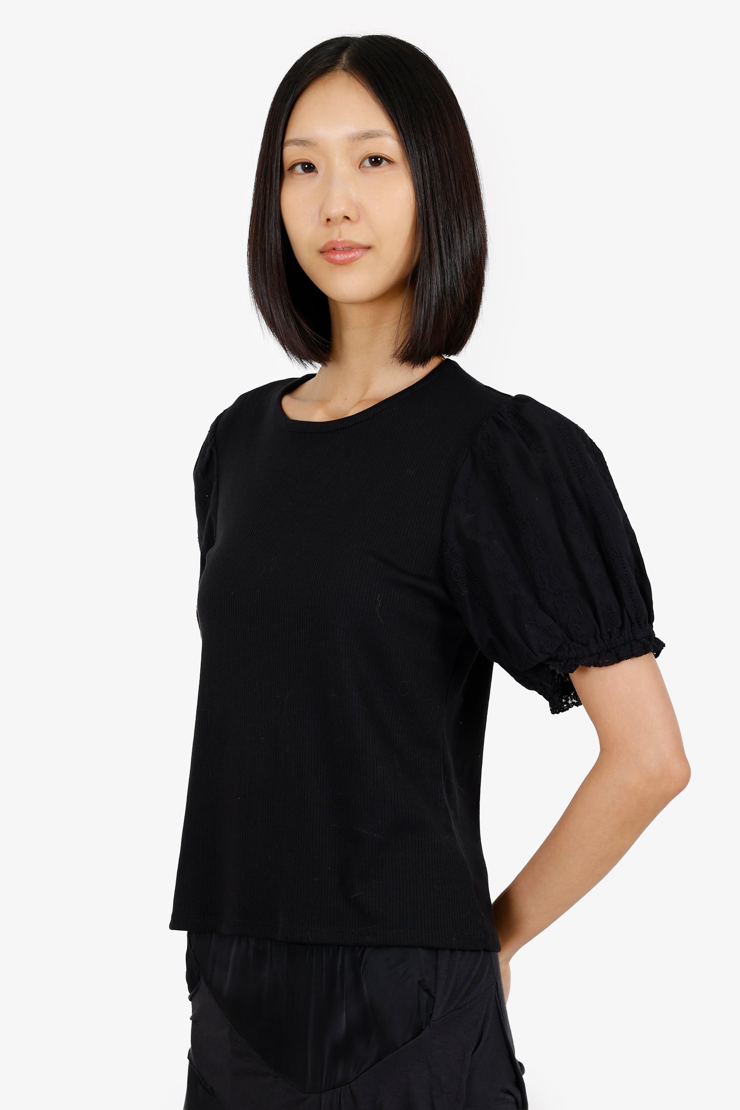 Joie Black Ribbed Knit Ruffle Short Sleeve Top Size L