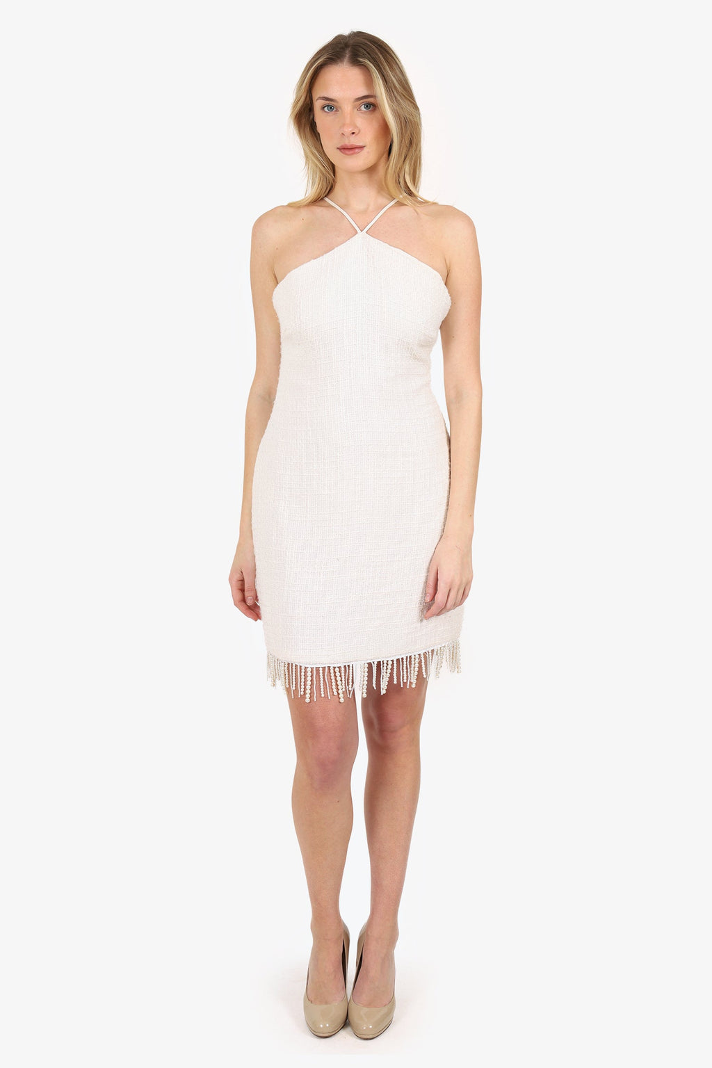 Jason Wu White Tweed Pearl Fringe Halter Dress Size M