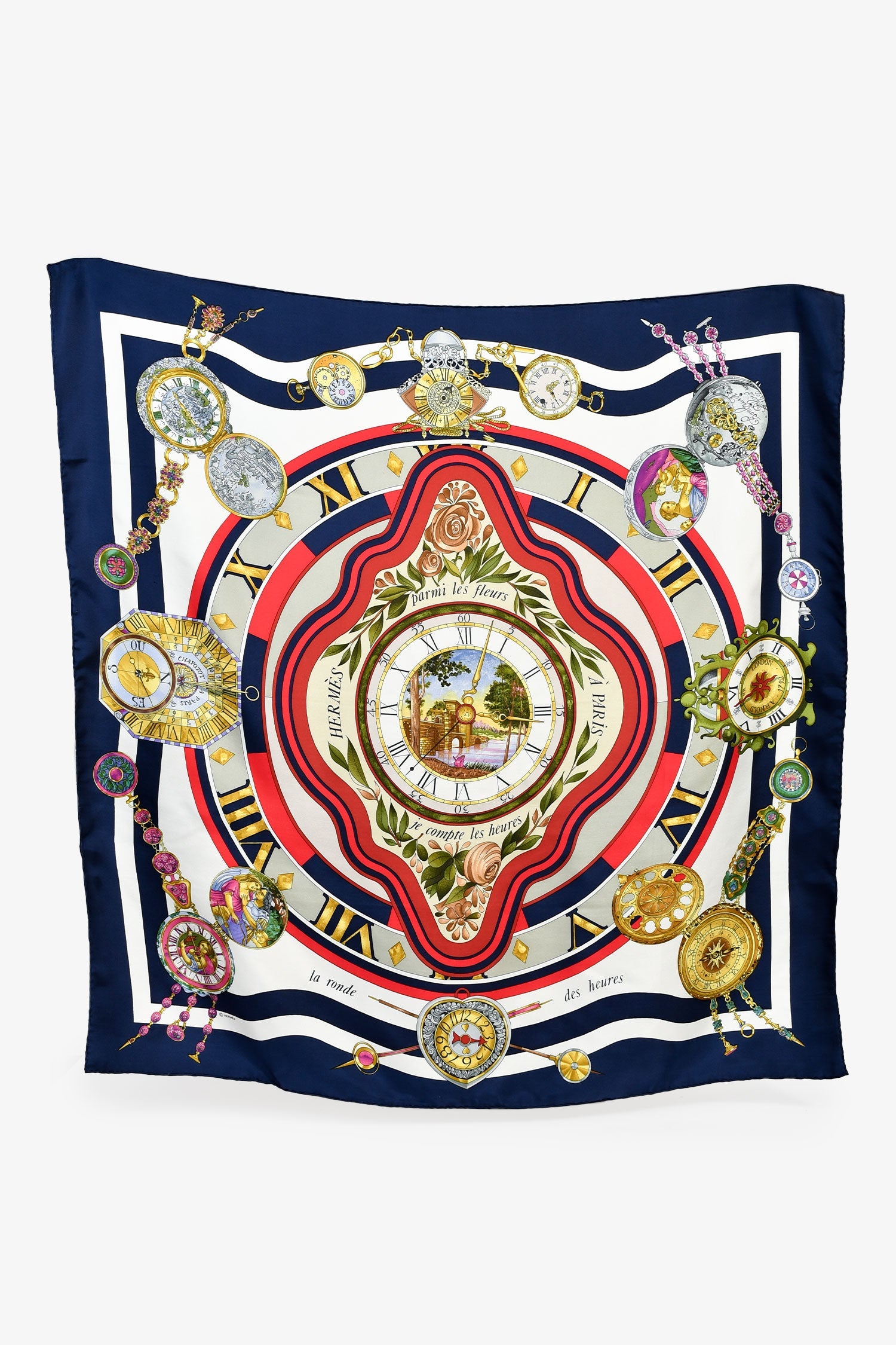 Hermes White/Blue/Multicolour Silk 'Parmi Les Fleurs Je Compte Les Heures' Scarf 90