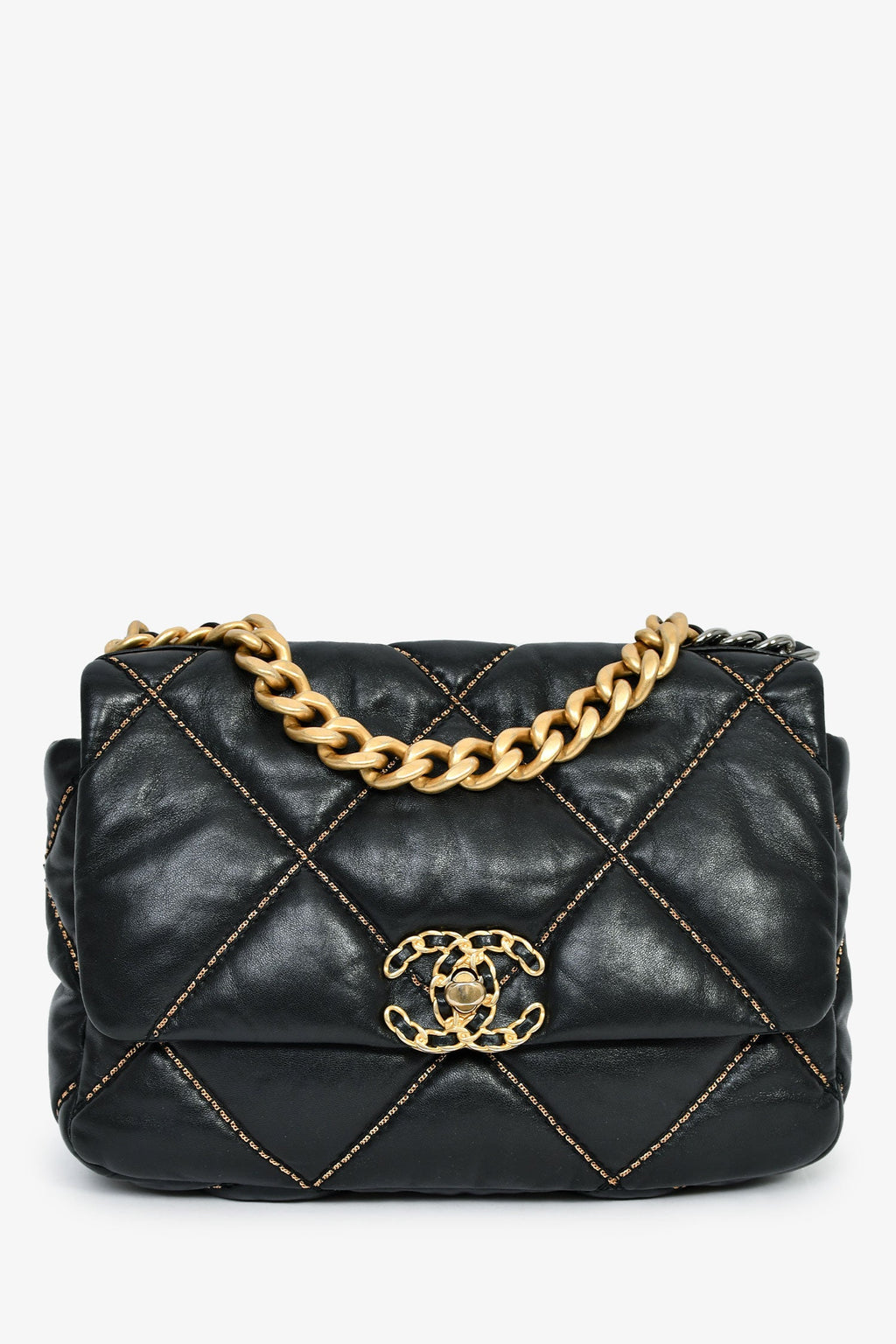 Pre-Loved Chanel™ Black Lambskin/Quilted Gold Chain Small 19 Bag